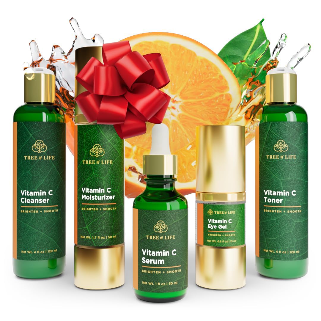 Tree of Life Beauty Vitamin C Brightening Complete (Pack of 5) Serum (1 Oz), Moisturizer Cream (1.7 Oz), Eye Gel (0.5 Oz), Toner (4 oz), Cleanser (4 oz), Renewing Face Dermatologist Tested Skin care