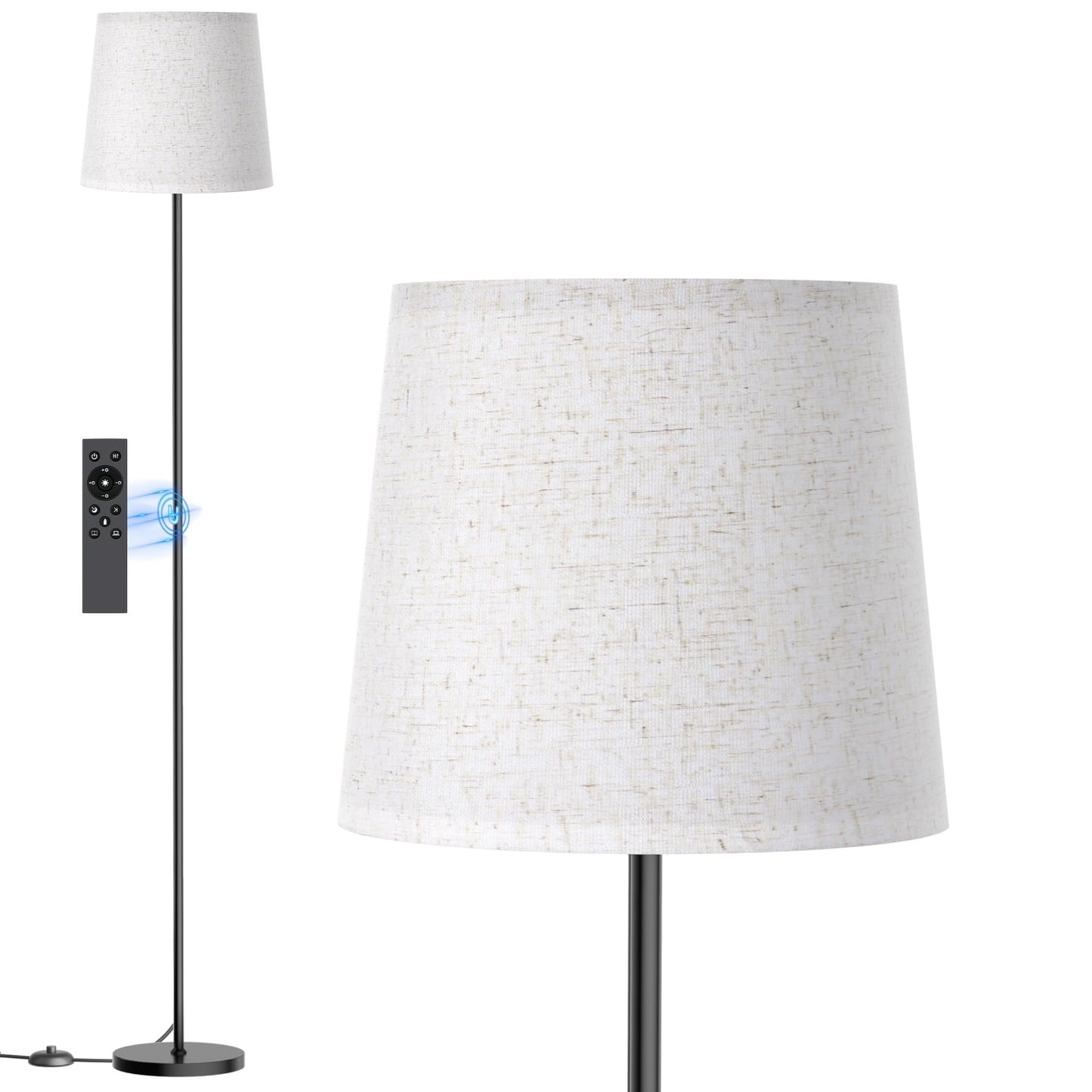 SIBRILLE Floor Lamp with Linen Shade - 62" Dimmable LED Standing Lamp with Remote Control, 9W E26 Bulb Included, 3000-6000K, Modern Floor Reading Light for Bedroom Living Room Office Corner, Black