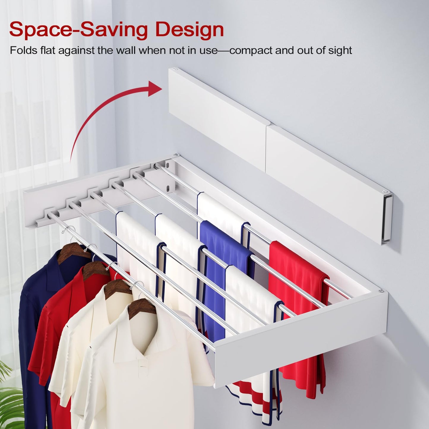 SOLVESTIS Wall Mounted Drying Rack 40", Foldable Laundry Drying Rack with Stainless Steel Rods, Retractable Laundry Space Saver for Indoor & Outdoor Use, Include Wall Template