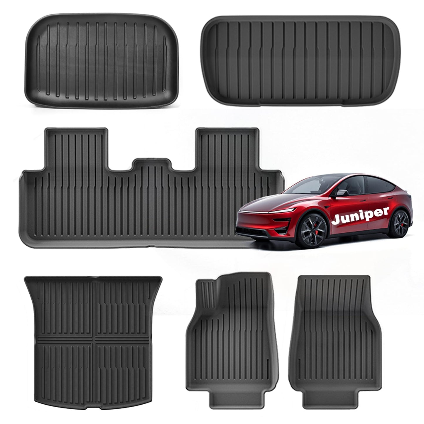 Tesstudio 2025 2026 Tesla Model Y Juniper Floor Mats, Cargo Mats Full Sets, Non-Slip Waterproof & Easy-Clean Durable Upgraded-Lengthened Floor Liners and Cargo Trunk Mats Accessories, Set of 6 Mats