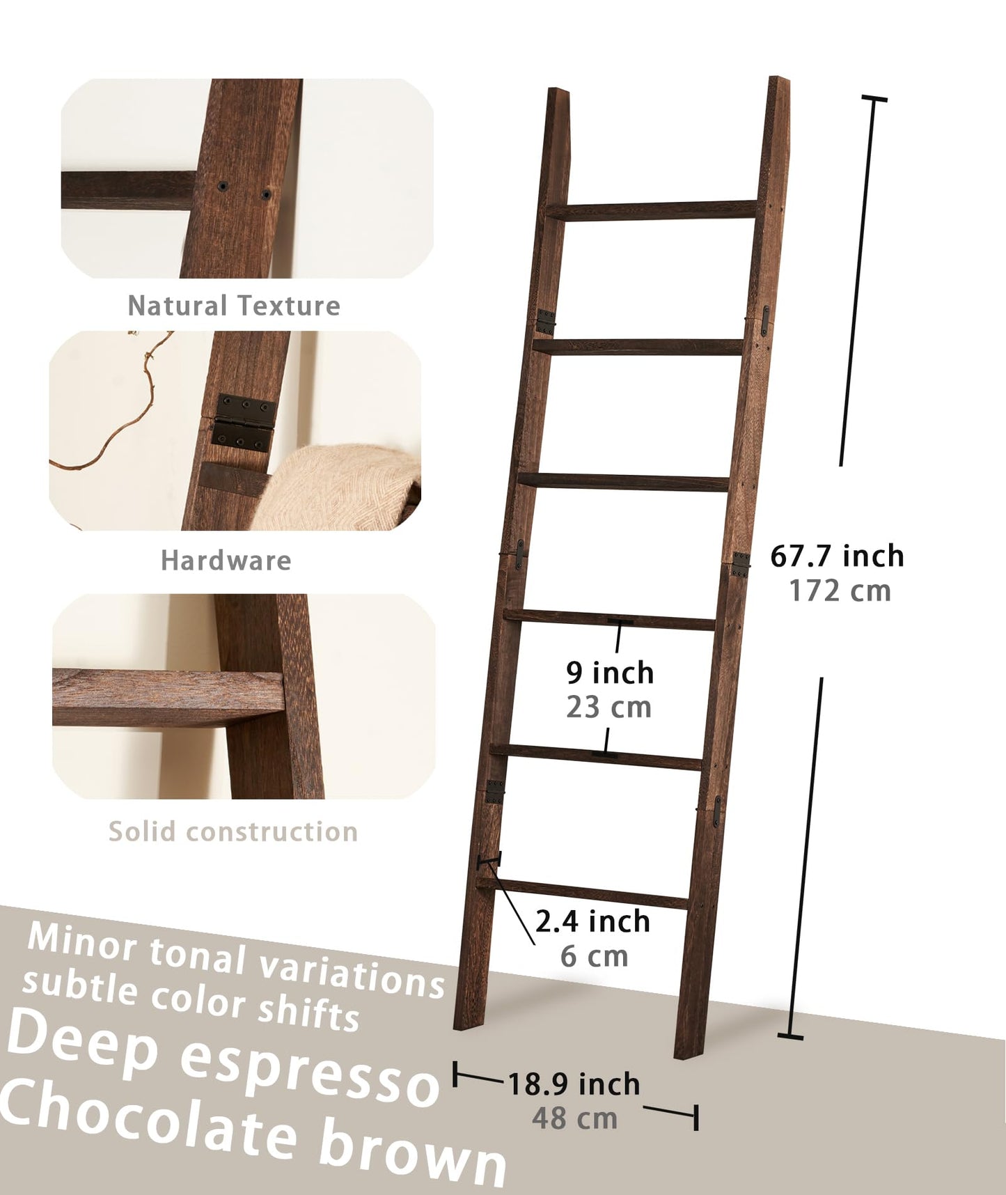 Blanket Ladder for the Living Room 6-Tier, Wooden Decorative Quilt Holder for Bed room, Wall-Leaning Towel Rack for Bathroom，Rustic Farmhouse Ladders for Display. (Dark Brown)