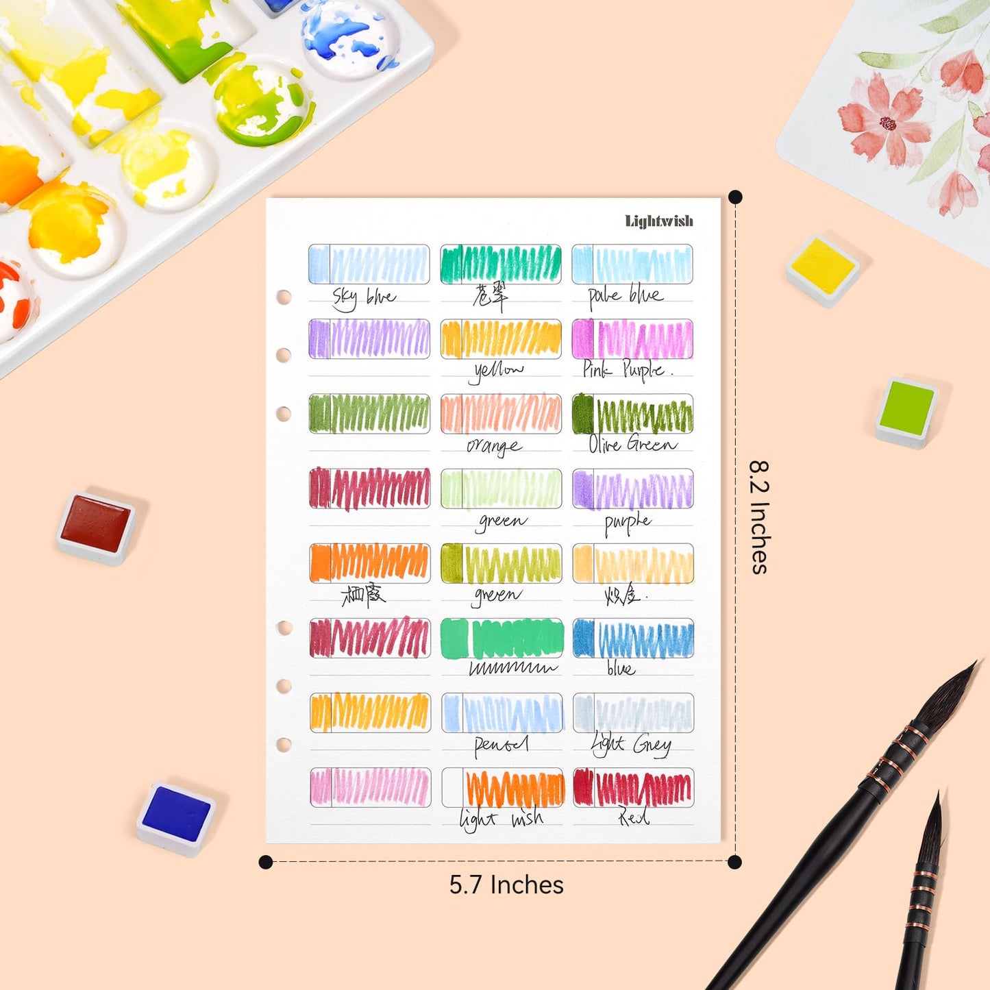 LIGHTWISH Watercolor Swatch Paper Bulk - 100% Cotton Hot Press 300gsm/140lb, 2 Pack, Total 40 Sheets 24 Spaces A5 Hole-Punched Replaceable Paper for Watercolor, Gouache, Oil Pastels,5.8 * 8.2 Inches