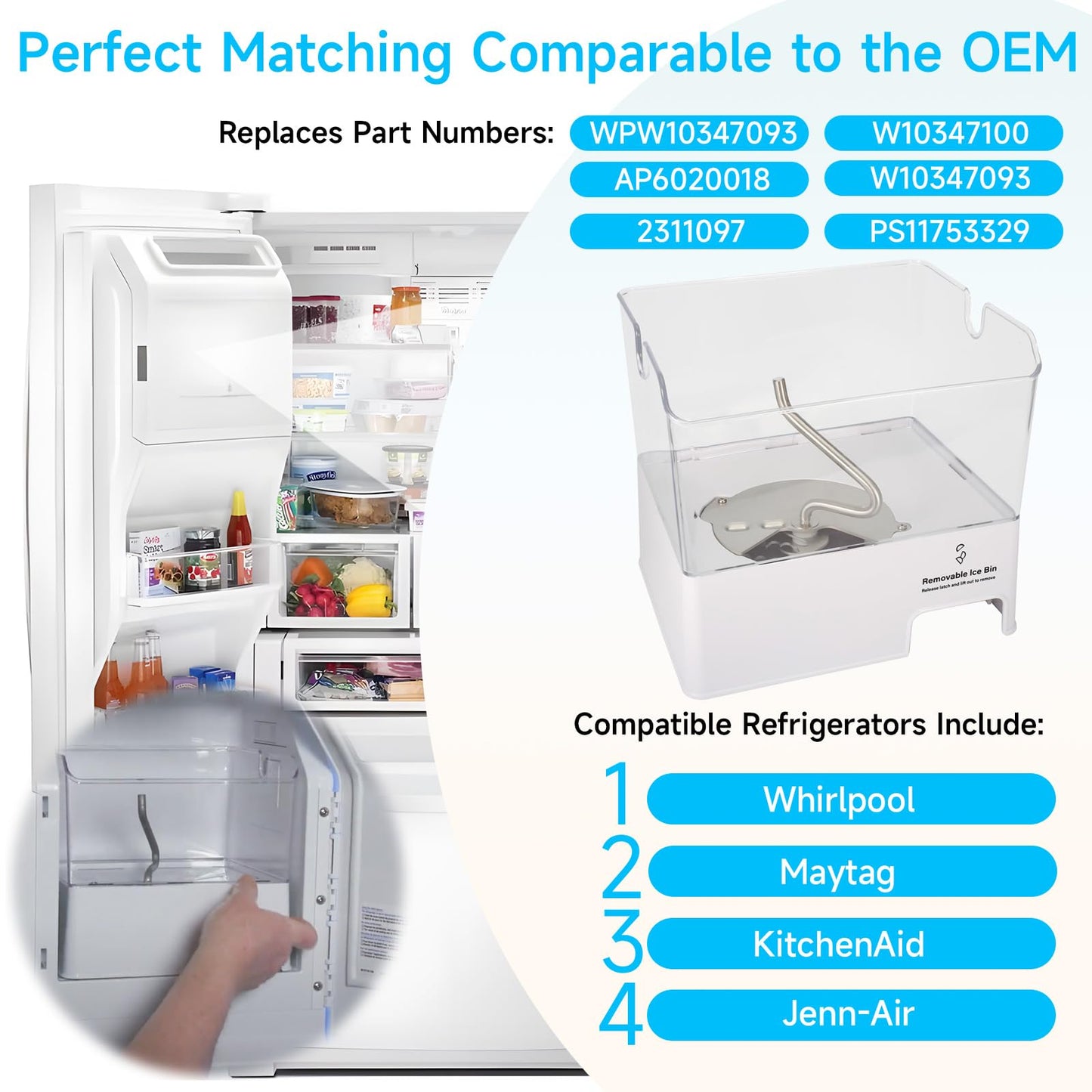 ColleRain WPW10347093 Refrigerator Ice Bin Compatible with Whirlpool Ice Bucket Replacement, W10347093 Ice Maker Assembly for Whirlpool Refrigerator