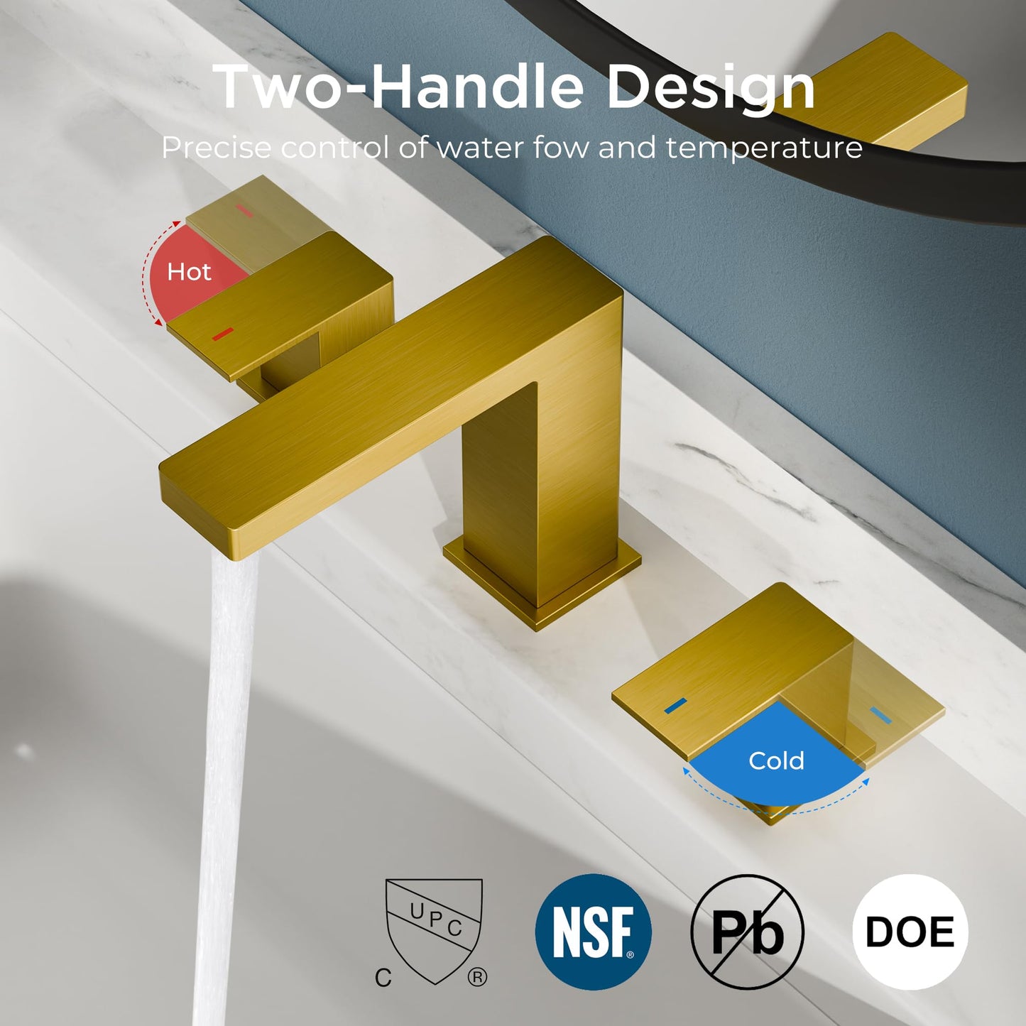 FORIOUS Brushed Gold Bathroom Vanity Faucet 3 Hole, 8 Inch Widespread Square Bathroom Sink Faucet with Metal Pop-Up Drain and cUPC Supply Lines Included for Restroom, Lavatory, Basin Sink