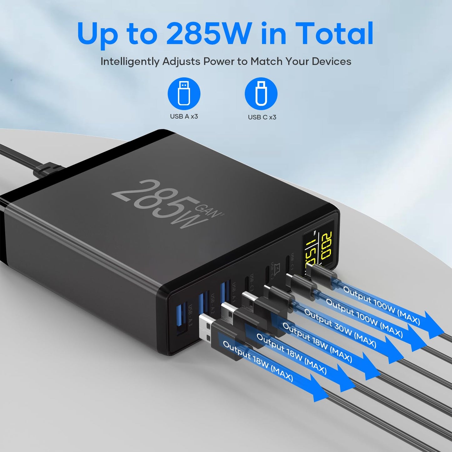 285W USB C Charger Block, YSYFAD 6 Ports Multiple USB Charging Station with Digital LCD Dispaly GaN Fast 100W USB C Charger for MacBook Laptops Multiport USB Charger for i Pad i Phone Samsung, Black