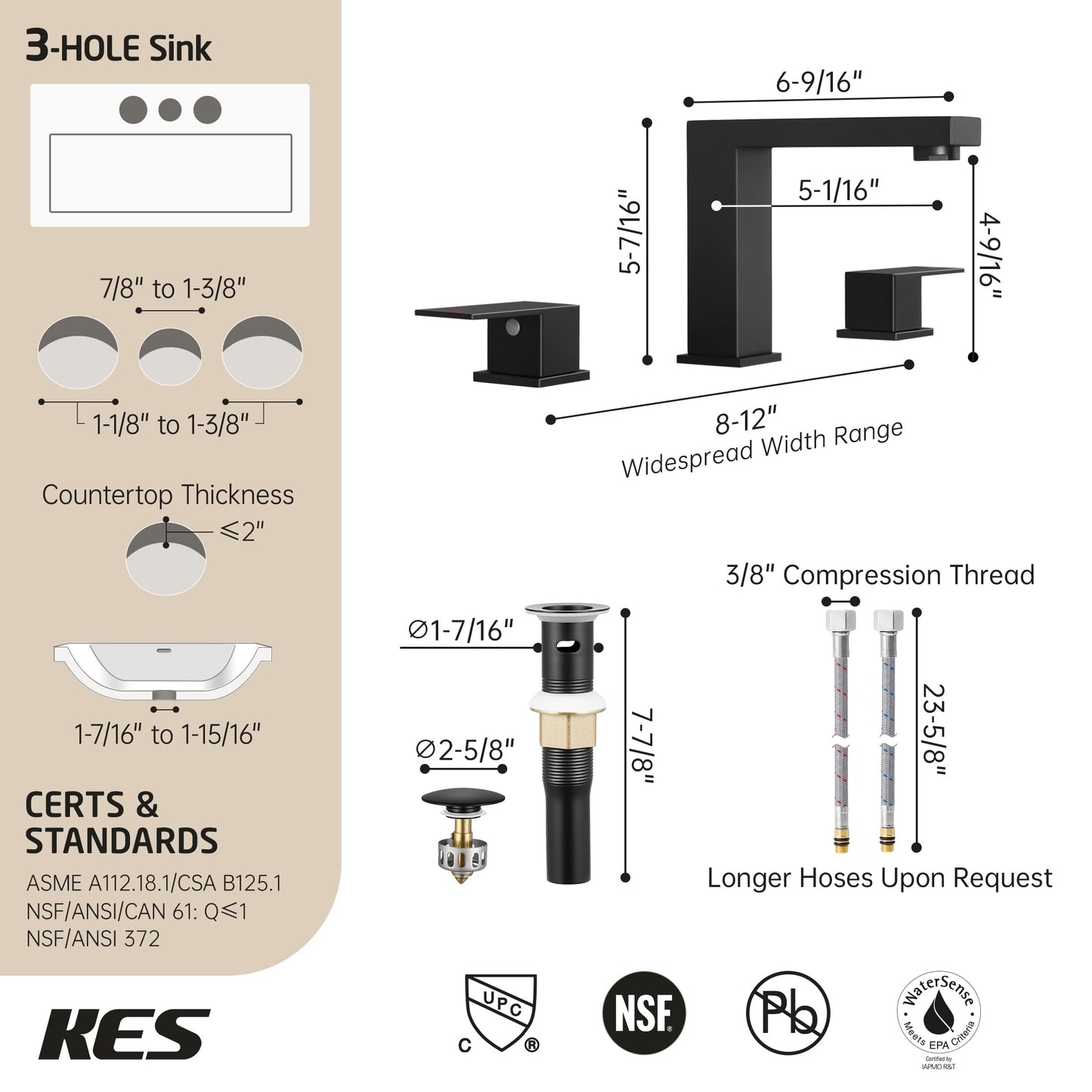 KES All Metal Black Bathroom Faucets with Pop Up Sink Drain with Overflow, 8 Inch Widespread Bathroom Faucet 3 Hole Vanity, SUS 304 Stainless Steel Matte Black, L4350LFF12-BK-C1