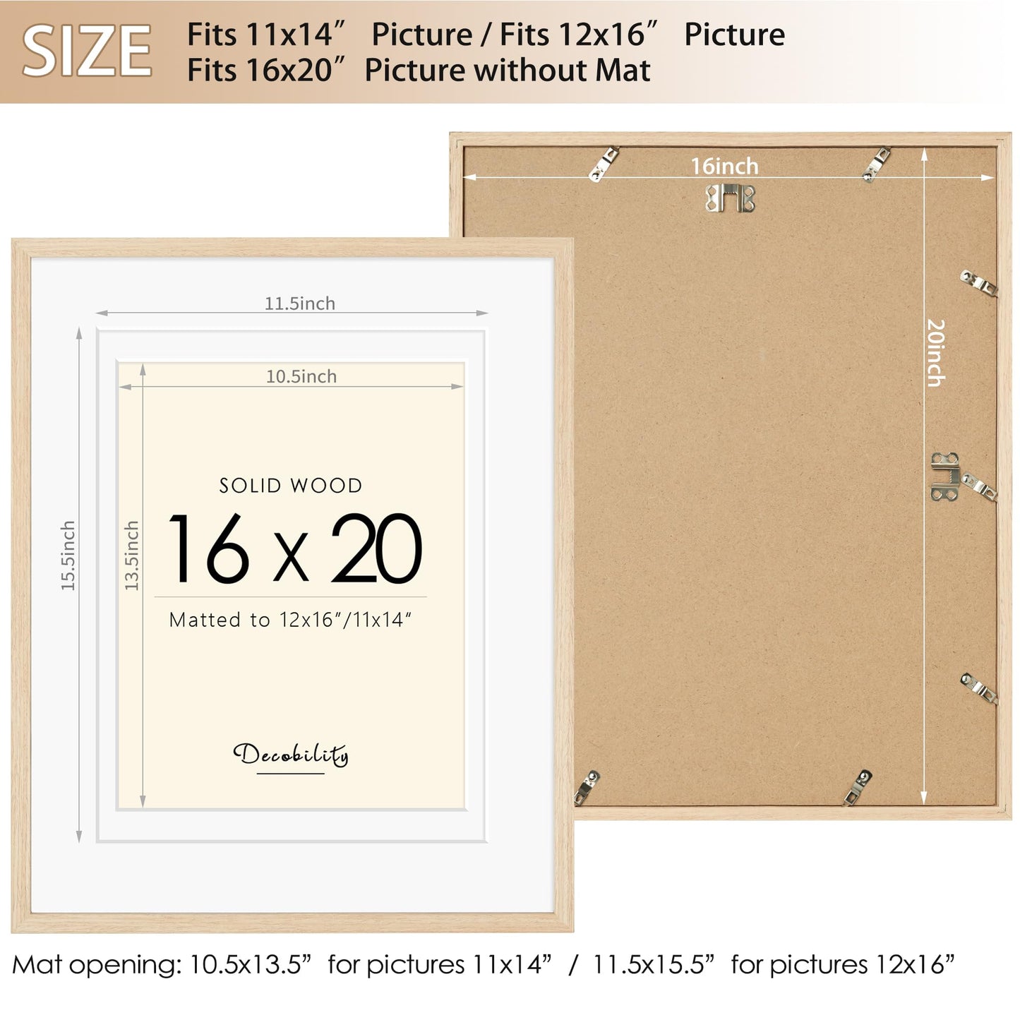 Decobility 16x20 Picture Frames Matted for 11x14 and 12x16 Picture, Solid Wood with Oak Wood Grain, Double Mats Photo Frame with Plexiglass Fits 3 sizes, Tabletop or Wall Mounting Display, Oak