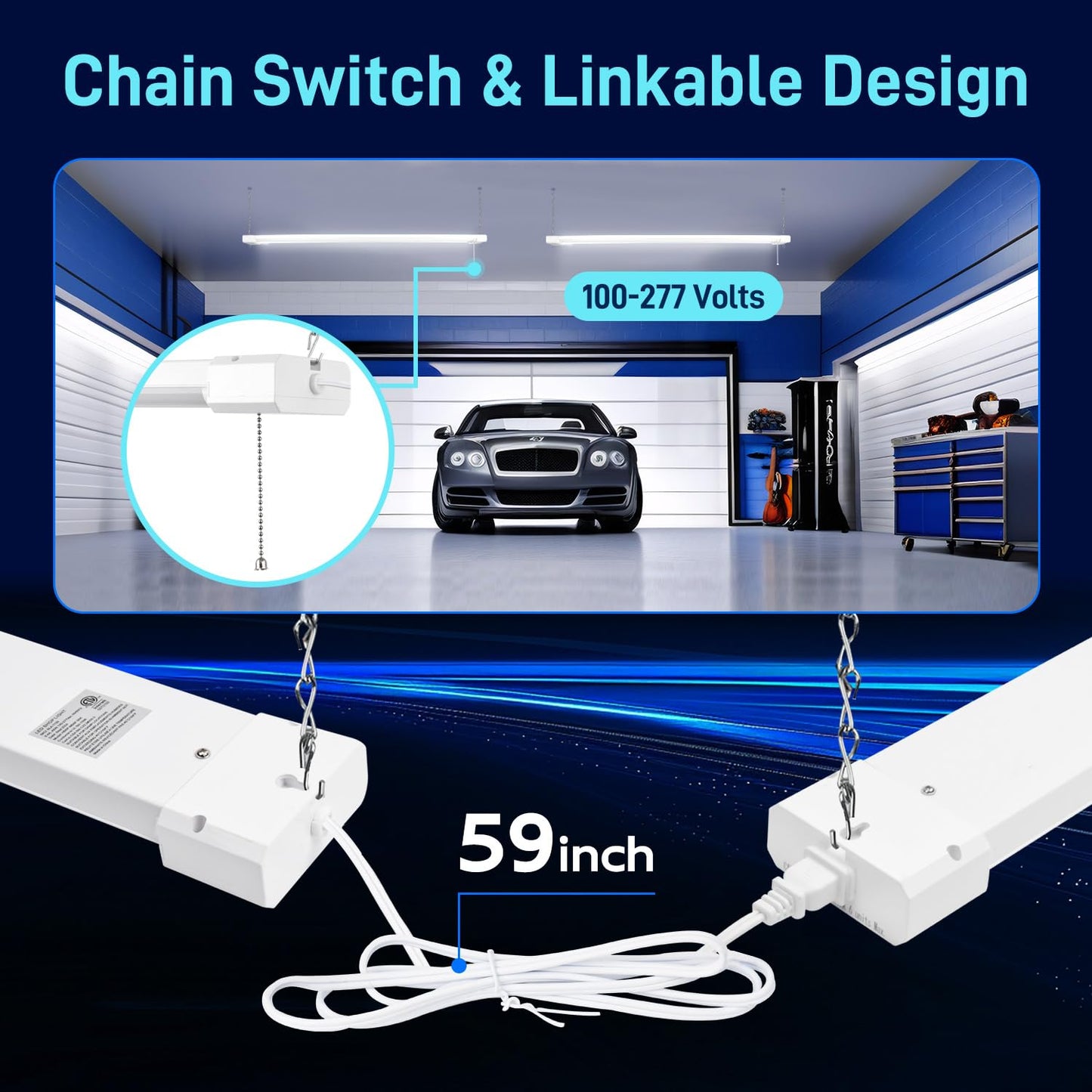 hykolity 4 Pack 4FT LED Shop Light, Linkable Utility Shop Lights, 42W, 5000K Daylight White Shop Light for Garages, Workshops,Hanging or FlushMount, Power Cord with Pull Chain Switch, ETL