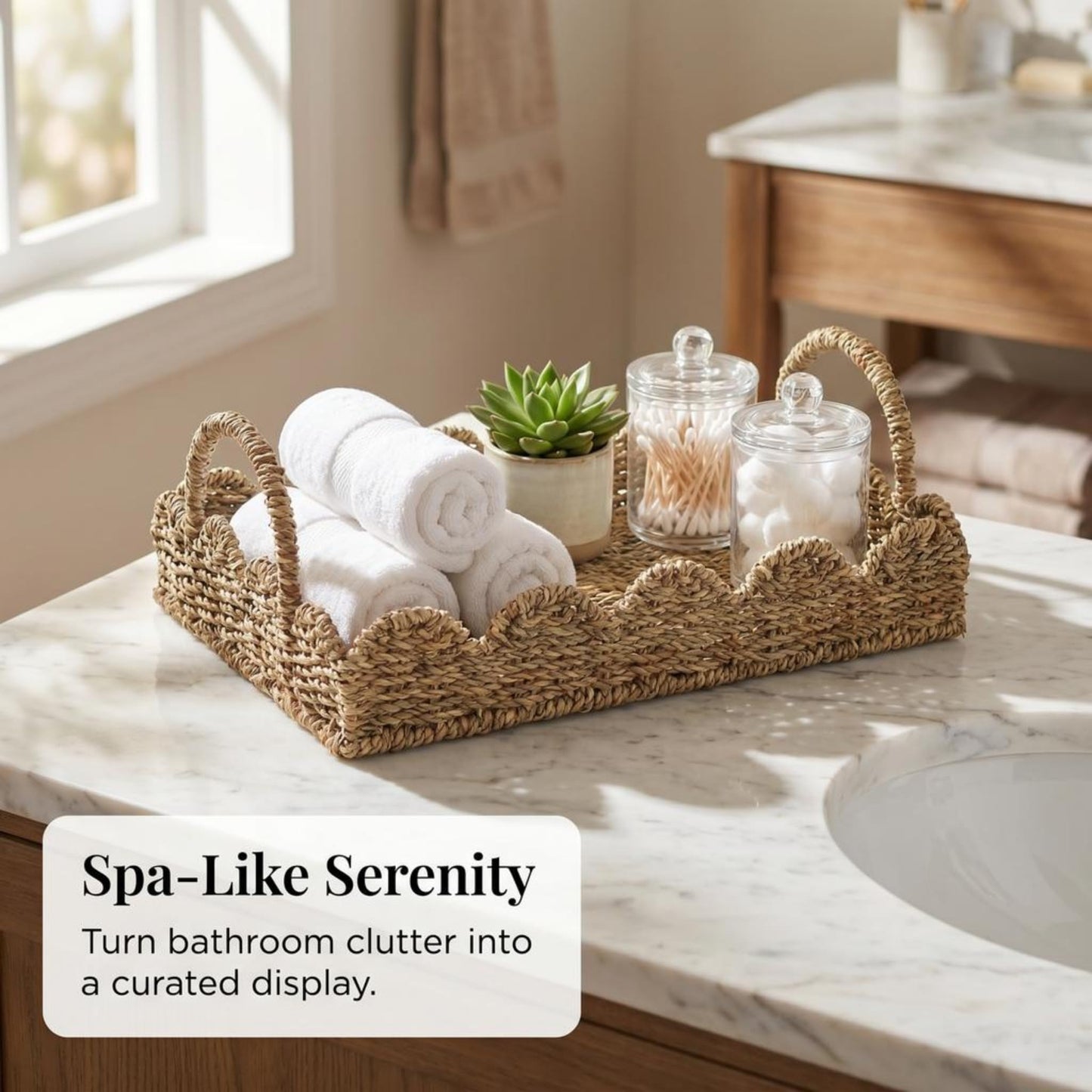 Household Essentials Seagrass Decorative Tray with Scalloped Edge, Handwoven Natural Wicker Organizer Basket with Handles & Iron Frame for Coffee Tables, Bathrooms & Countertops