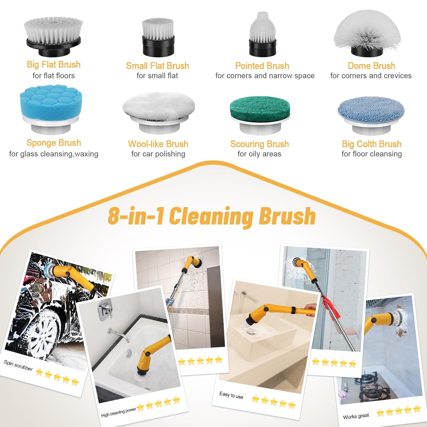 qimedo Battery Electric Tile Floor Scrubber Brushes Heads, 8-in-1 Electric Spin Scrubber Replacement Brush Heads for qimedo, Leebein, Keimi, Alloyman, Bomves, YKYI, BEI & Hong