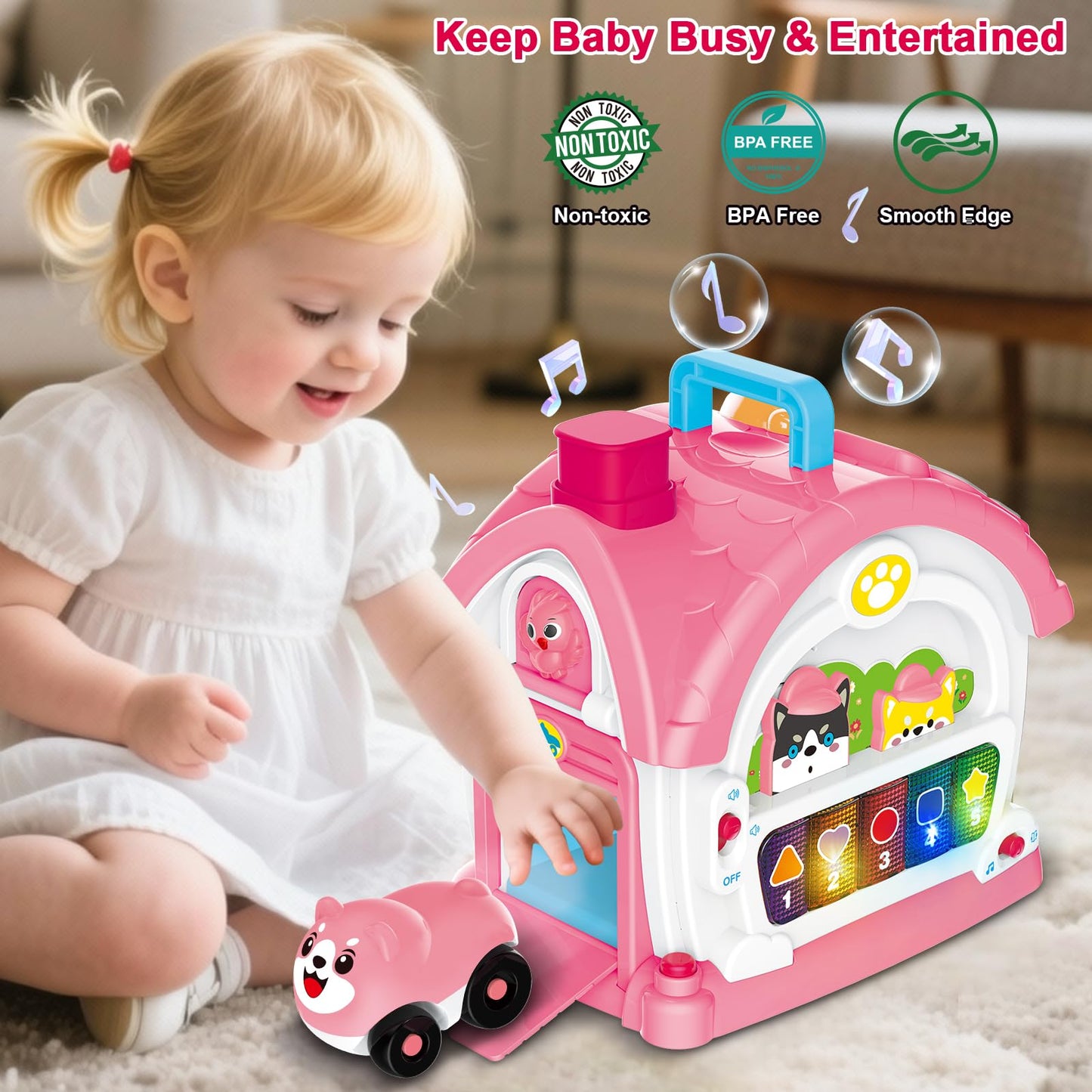 DELUTIQUE - Learning Toys for 1 Year Old Girls, 8 in 1 Sensory Toy for Toddlers, Musical House with Play Phone, Mirror, Piano, Montessori Toy for Baby 12-18 Months