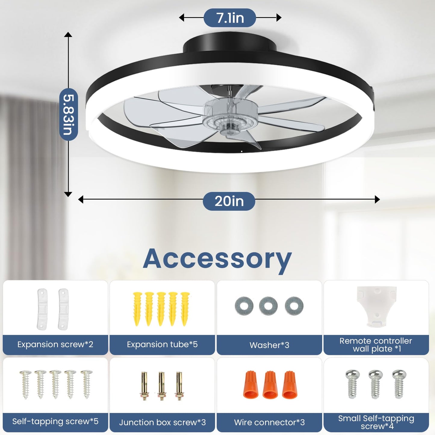 CHAREADA Ceiling Fan with Light, 20" Modern Low Profile Foldable Ceiling Fans with 6 Wind Speeds, Dimmable Smart Ceiling Fan Light with Remote for Bedroom, Kids Room and Living Room (Black)