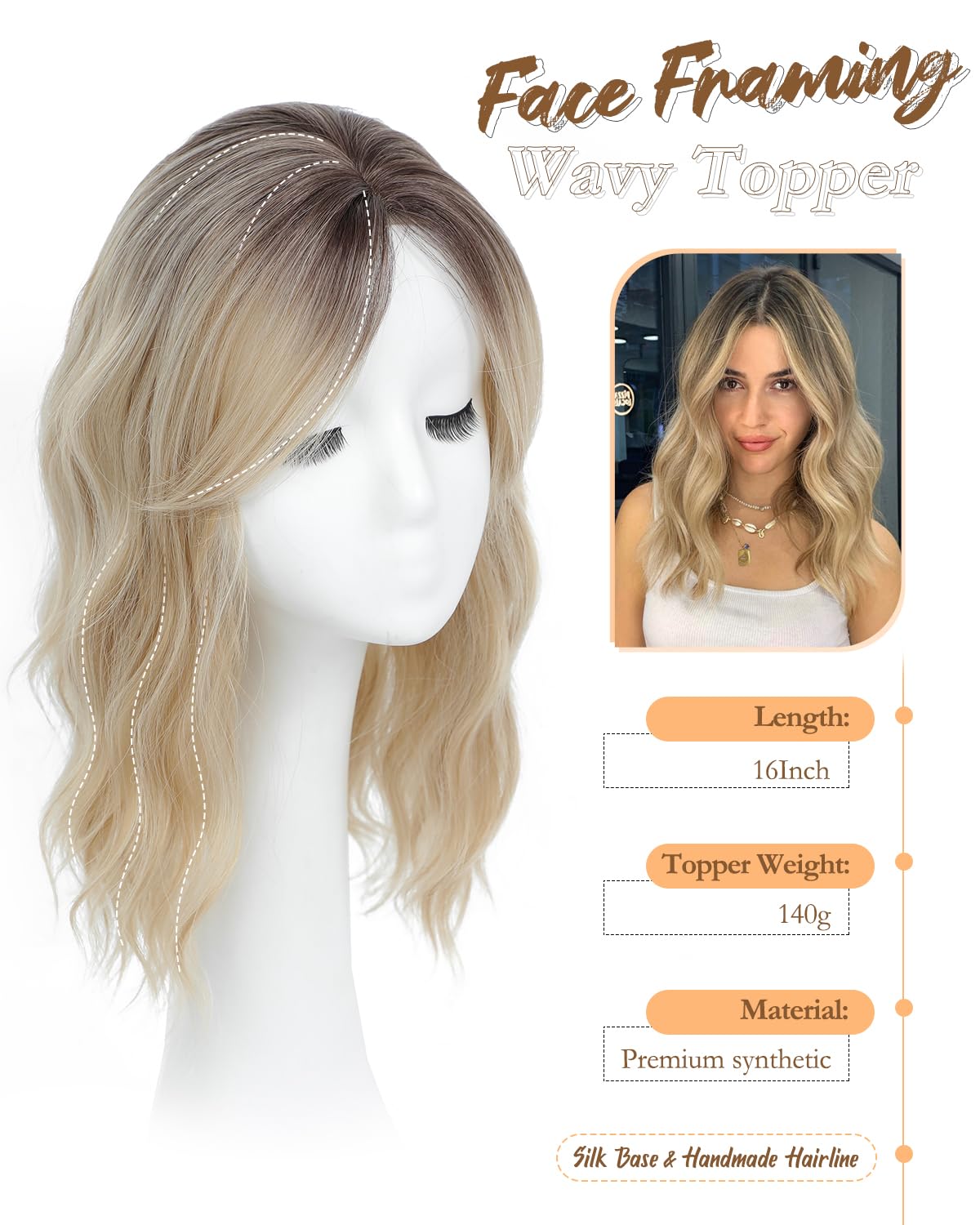 PANEWAY Hair Topper 16Inch Hair Toppers For Women with Thinning Hair 6.5’’x6.5’’ Ladies Wiglets Toppers Hair Pieces for Women - Ombre Dark Root to Blonde