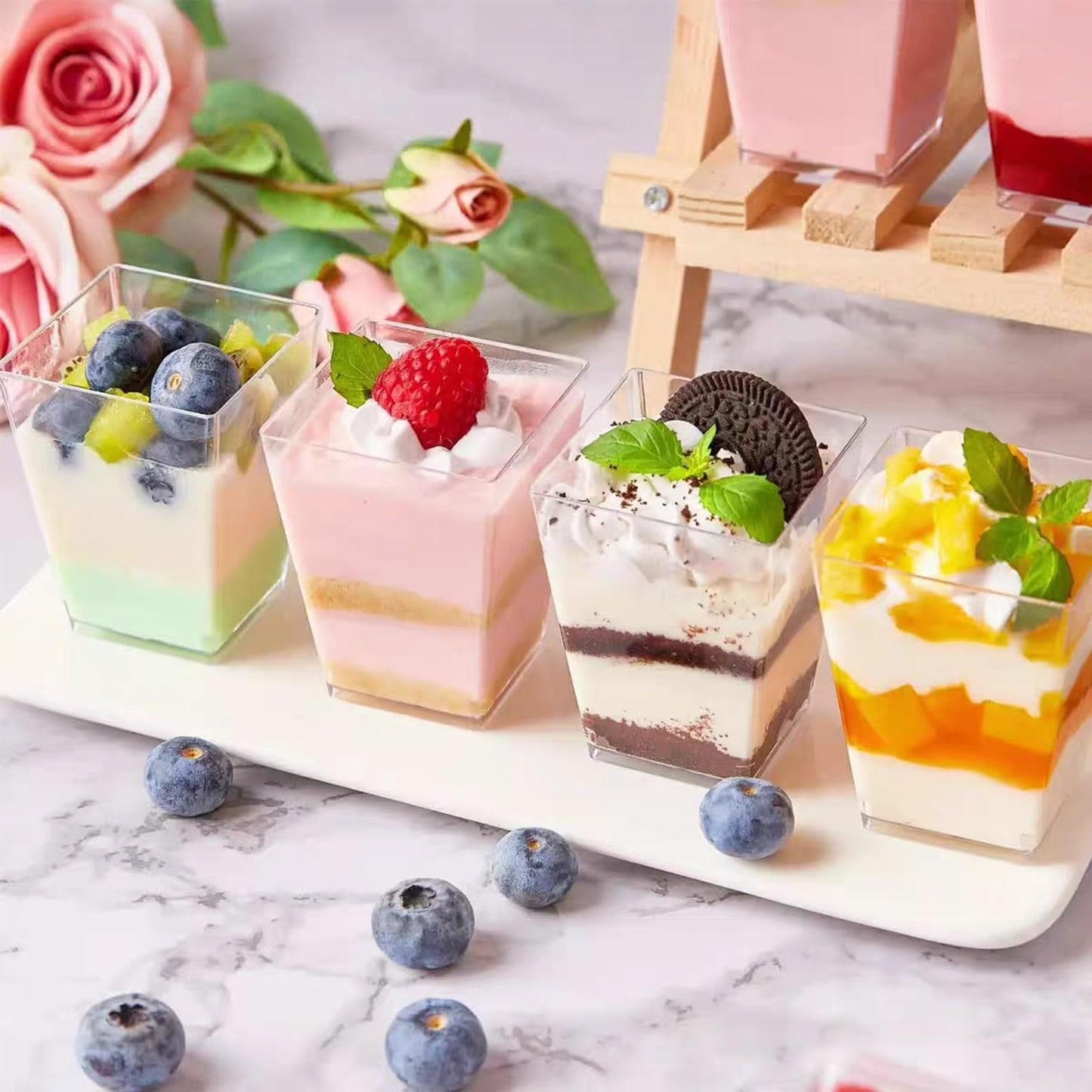 200Pcs Dessert Cups with Spoons 100Pc 5 OZ Mini Clear Plastic Appetizer Parfait Cup 100 Spoon Small Fruit Mousse Pudding Serving Bowl Trifle Desert Shooter for Party Square Glasses Round Goblet