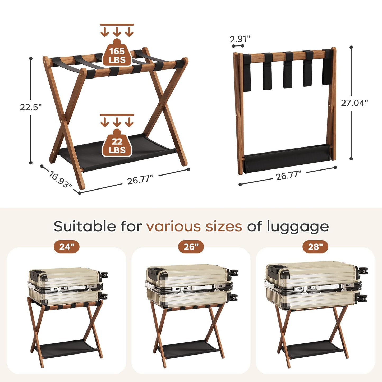 Fully Assembled Luggage Rack, Walnut Luggage Rack for Guest Room, Bamboo Folding Suitcase Stand with Storage Shelf, 5 Nylon Straps, Luggage Holder for Bedroom Hotel, 26.77"W x 16.93"D x 22.5"H, 1 Pack