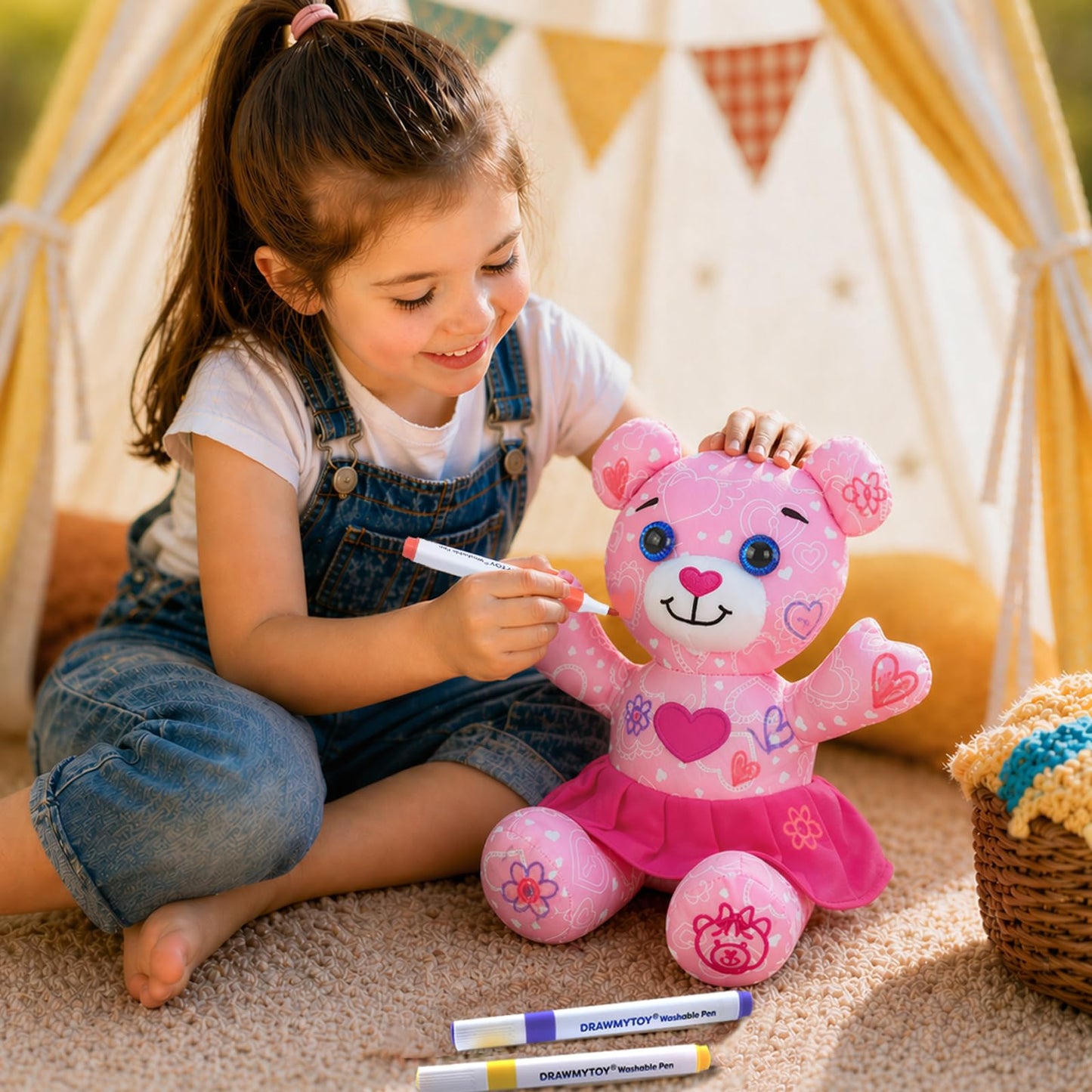 DIY Coloring Plush Toy with Washable Markers, Scribble Pets Stuffed Animal, Doodle Dolls Art Toy for Boys and Girls Ages 3-8, Birthday Gift (Pink Bear)