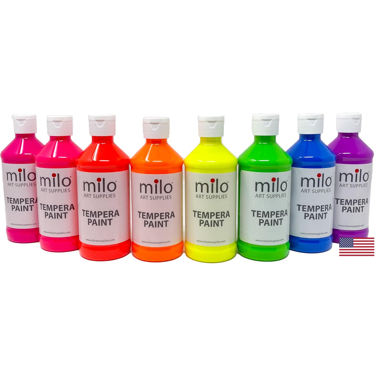milo Fluorescent Tempera Paint Set of 8 Colors | 8 oz Bottles | Made in the USA | Washable and Non-Toxic Neon Art & Craft Poster Primary Paints for Artists, Kids, & Hobby Painters, Glows UV in Black Light