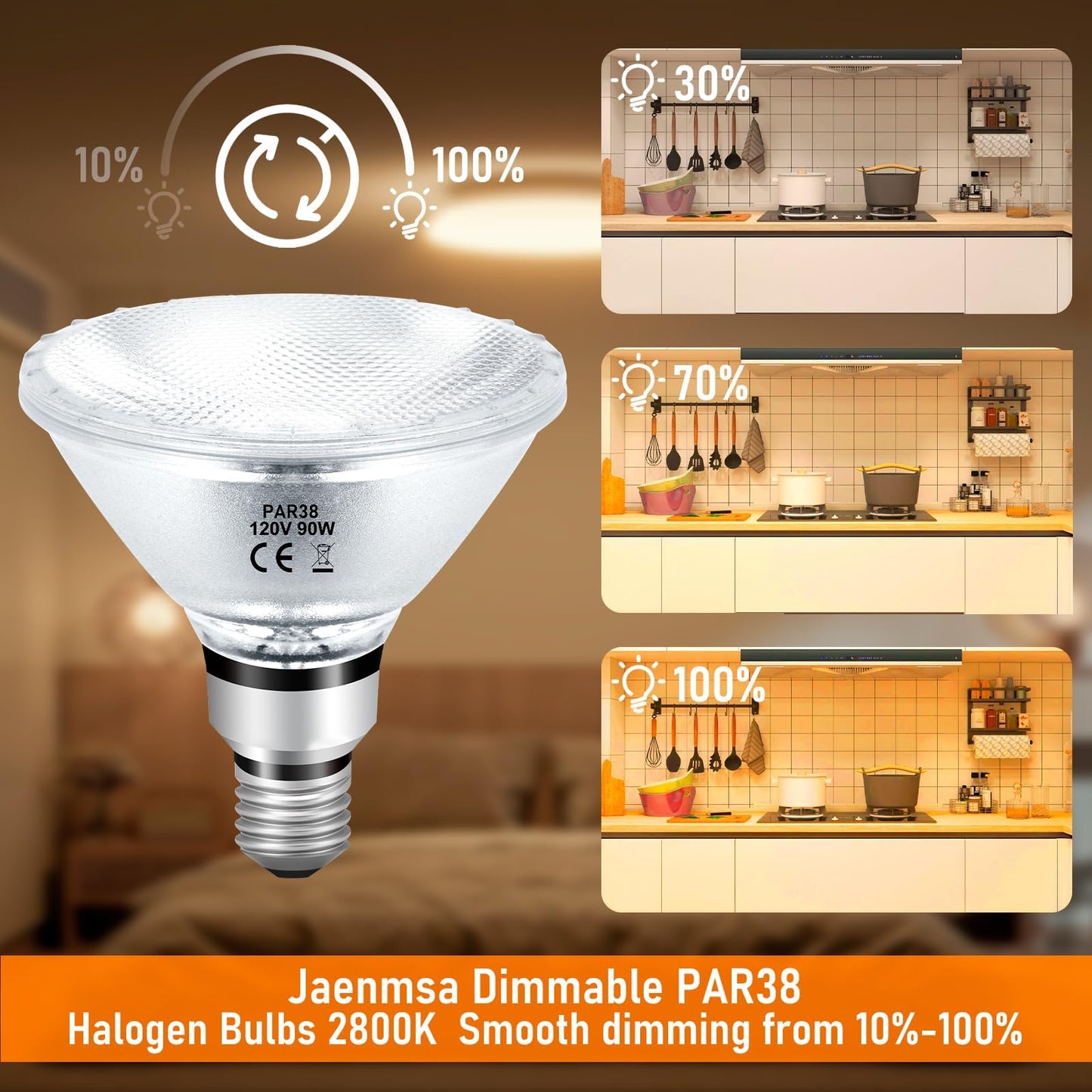 Jaenmsa PAR38 Halogen Flood Light Bulbs 90W 120V, 4Pcs Halogen PAR38 90W Light Bulbs Dimmable with E26 Base, 2700K Warm White, 4050 Lumens for Indoor and Outdoor