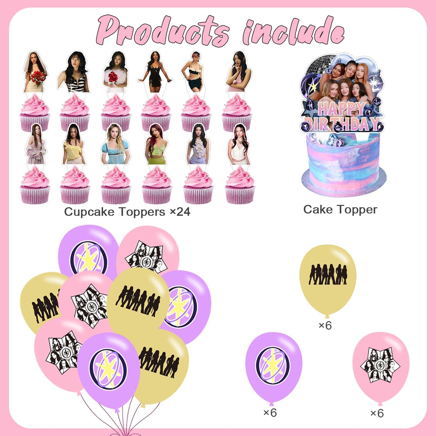 Birthday Party Decoration for K-ATSEYE, Include Happy Birthday Banner, Cake Topper, Latex Balloons, Global Girl Group Party Supplies Merchandise Gift for KATSEYE Fans