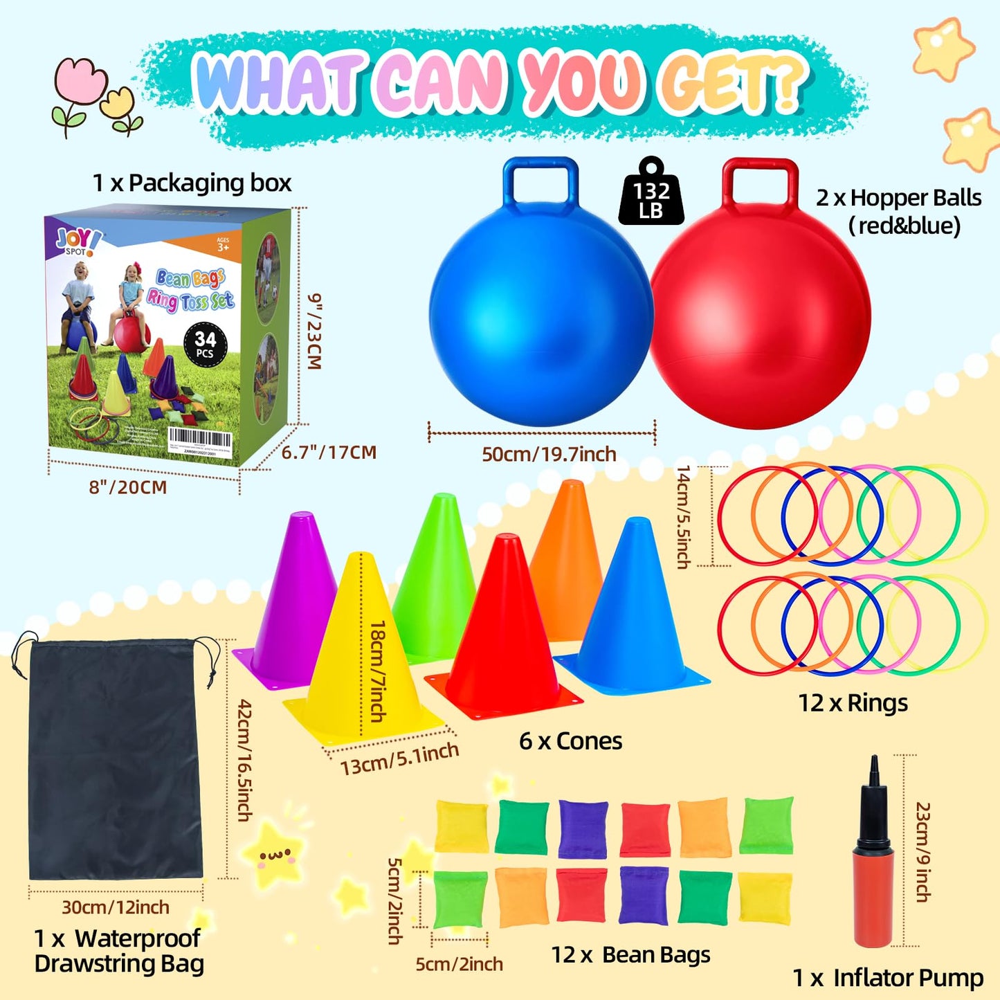 4 in 1 Carnival Outdoor Games Combo Set for Kids with 2 PCS Hopper Balls, 18 inch Bouncy Ball with Handle & Soft Plastic Cones & Bean Bags Ring Toss Game, Gift for Family Birthday Party Backyard Games