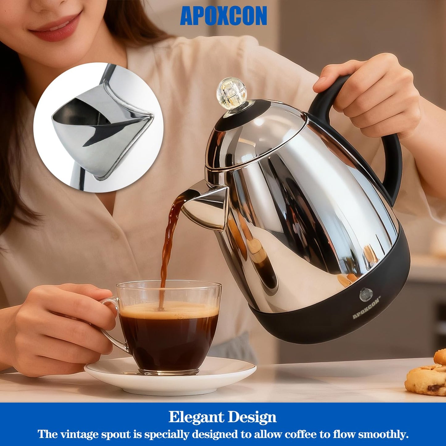APOXCON Electric Coffee Percolator Stainless Steel Coffee Maker with Clear Brew Progress Knob & Cleaning Brush Auto Keep Warm Cordless Serving elegant design Coffee pot with On/OFF Switch (10 Cup)