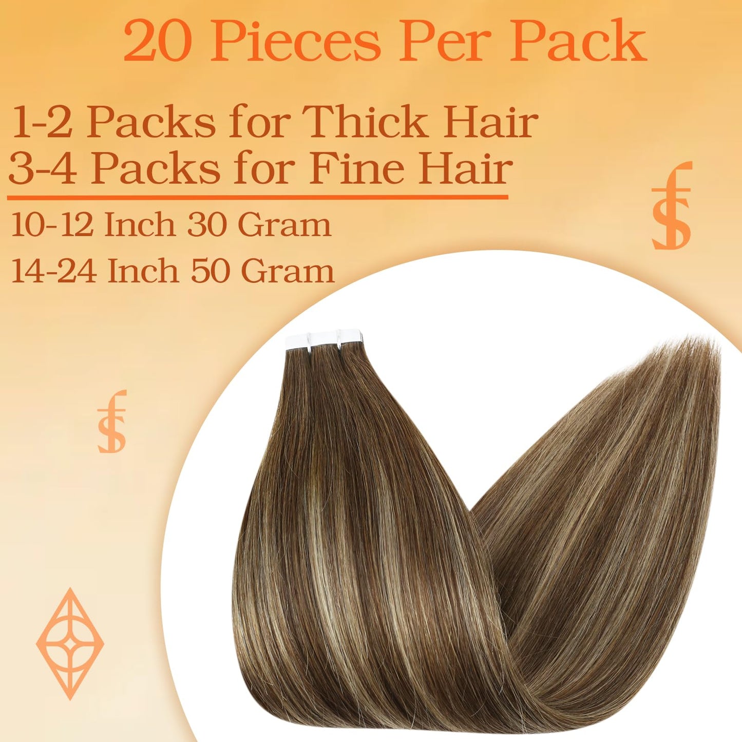 Full Shine Invisible Tape in Hair Extensions Human Hair 18 Inch Tape in Brown Hair Extensions Color 4/24/4 Balayage Tape in Extensions Real Hair Extension Tape in Human Hair Extensions 50 Gram 20 Pcs