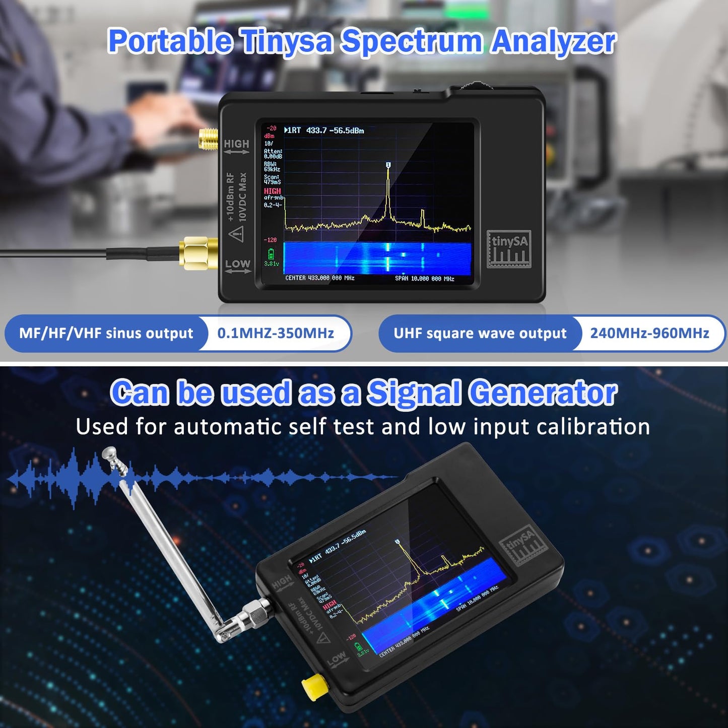 Portable Tinysa Spectrum Analyzer, AURSINC V0.3.1 Handheld Frequency Analyzer, Signal Generator 100kHz to 960MHz MF/HF/VHF UHF Input ESD Protected Function with 2.8 inch Touchscreen