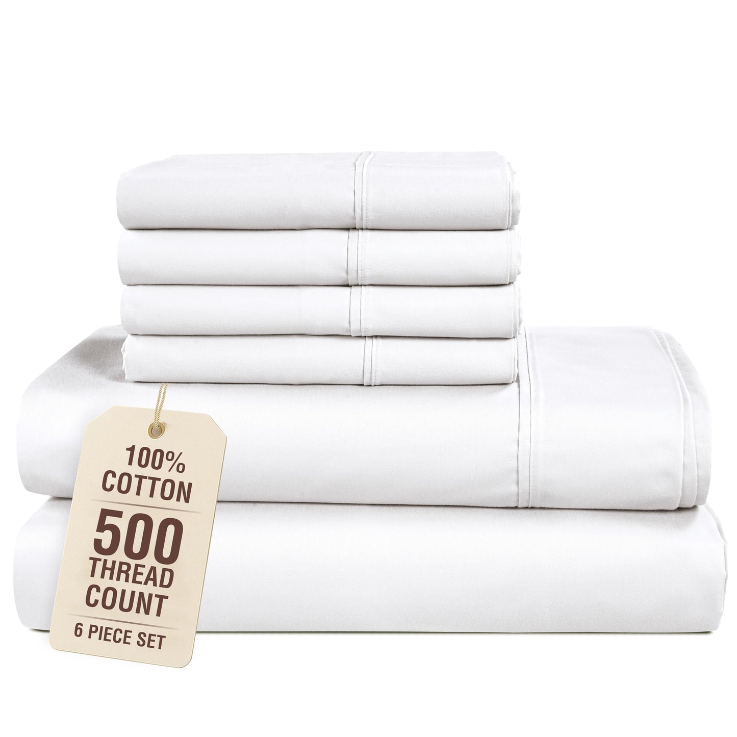 Casa Platino Queen Sheet Set, 6 Piece 100% Cotton Bed Sheet Set with 500 Thread Count Buttery Soft Sateen Finish, Long-Lasting and Lightweight, 15 Inch Deep Pocket Queen Sheets – Pure White