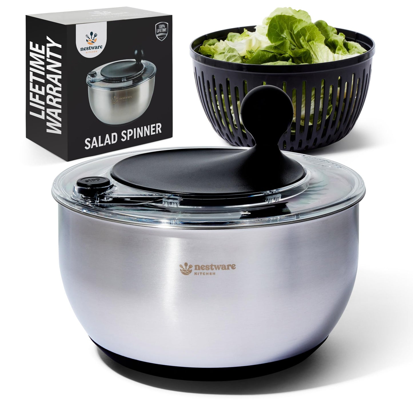 Nestware Kitchen Stainless Steel Salad Spinner Large, 5.3 Qt - Lettuce, Vegetable & Fruit Washer & Dryer with Quick-Stop Brake Button, Colander Basket & Non-Slip Base (304 Stainless Steel - Black)