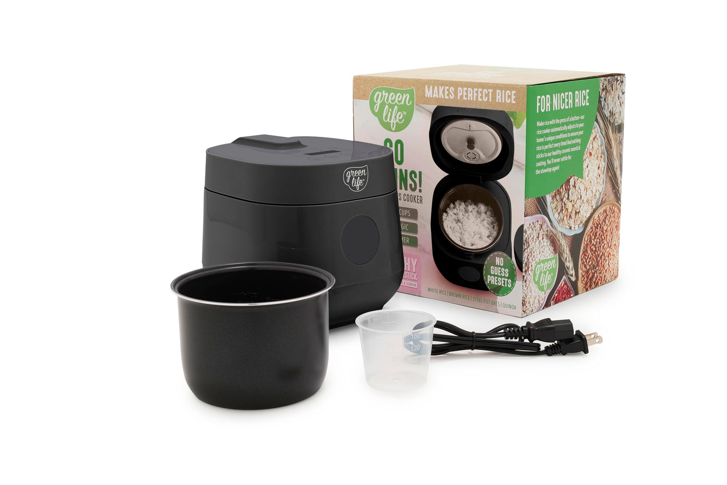 GreenLife Digital Rice Cooker, 2-Cups Uncooked/4-Cups Cooked, Removable Nonstick Ceramic PFAS-Free Pot, One-Touch Presets, Oats, Quinoa, Brown Rice, Auto Keep Warm, Fuzzy Logic Tech, 1.5QT, Black