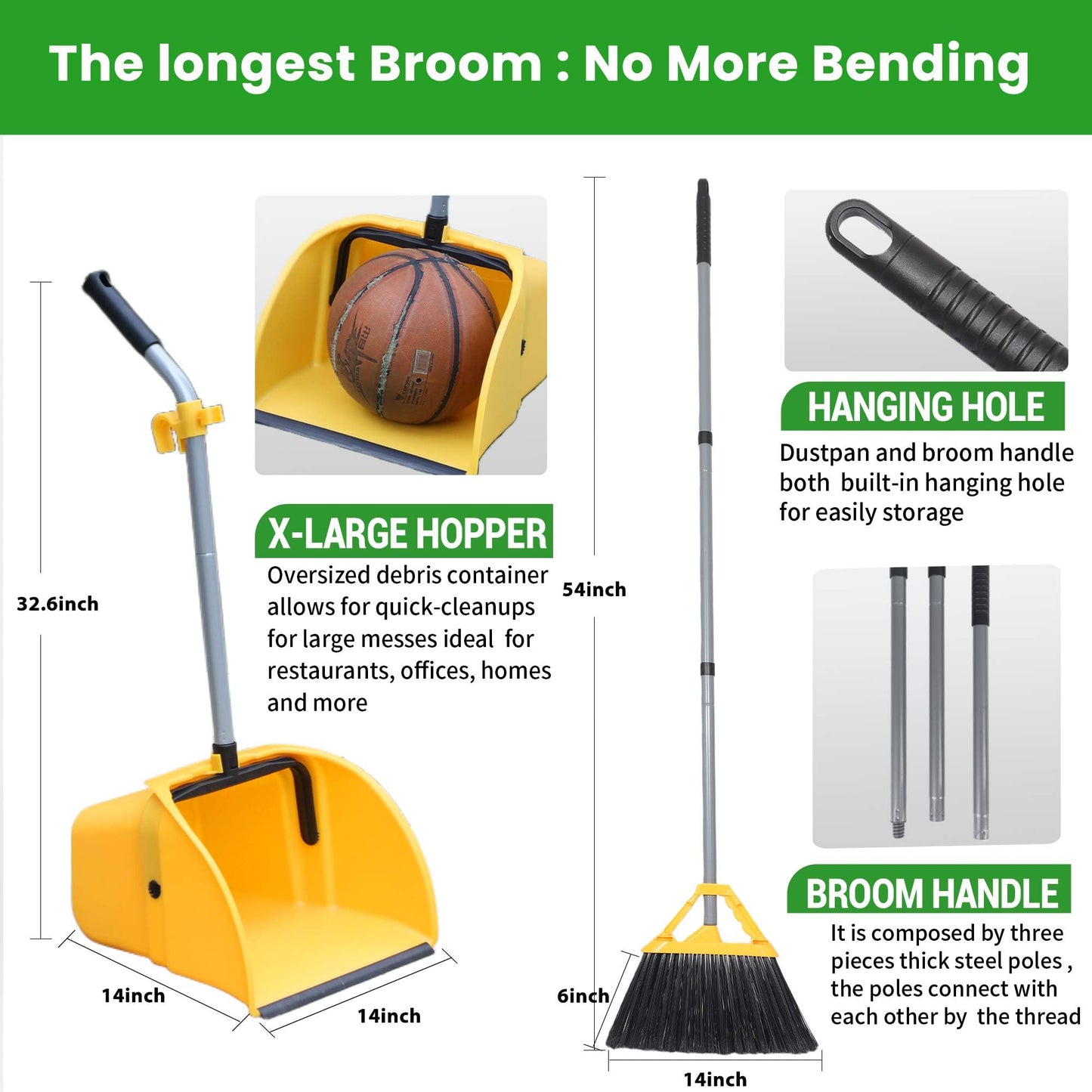Commercial Broom and Dustpan Set Debris Dustpan with Handle,Jumbo Debris Pan, Trash Collection for Industrial/Professional Cleaning,2Sets, Yellow,Extra-Large Size