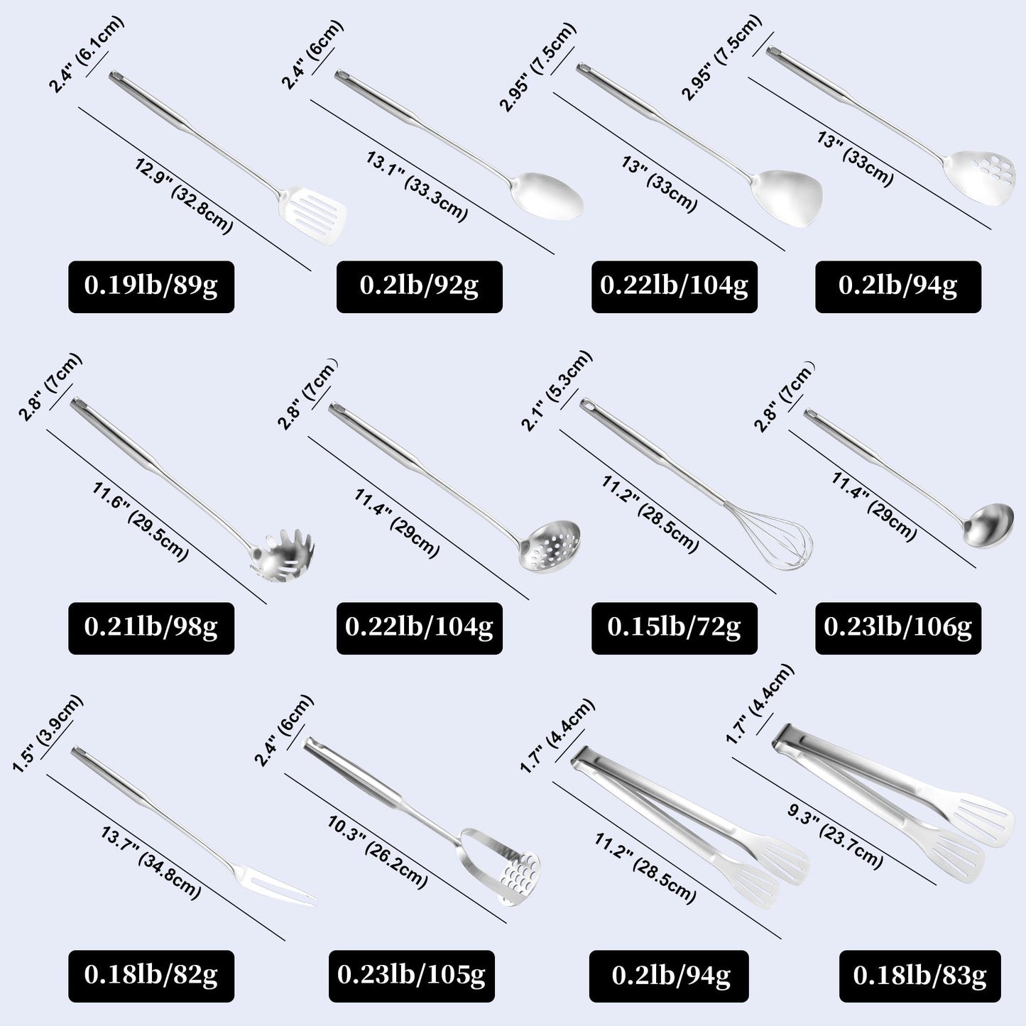 NIITAWH Stainless Steel Kitchen Utensils 12 Pcs, Small Cooking Utensils Set,Spatulas,Ladle,Skimmer,Tunners,Serving Spoon,Spaghetti Spoon,Fork,Potato Masher,Egg Whisk,Tongs,Dishwasher Safe