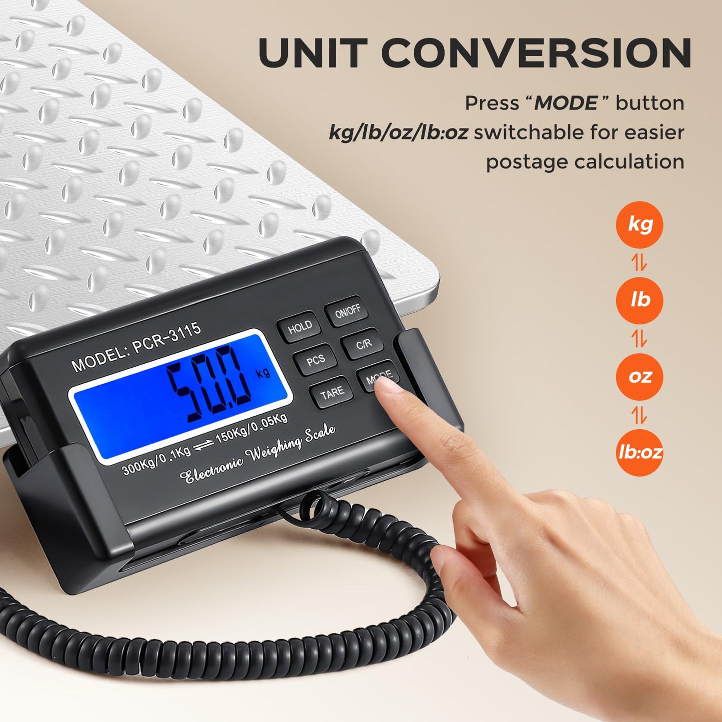 Bonvoisin Postal Scale Digital 300kg/660lb Parcel Shipping Scale with External LCD Display, Stainless Steel Platform, 4 AA Batteries & Mains Adapter Included, kg/oz/lb/lb-oz, Counting