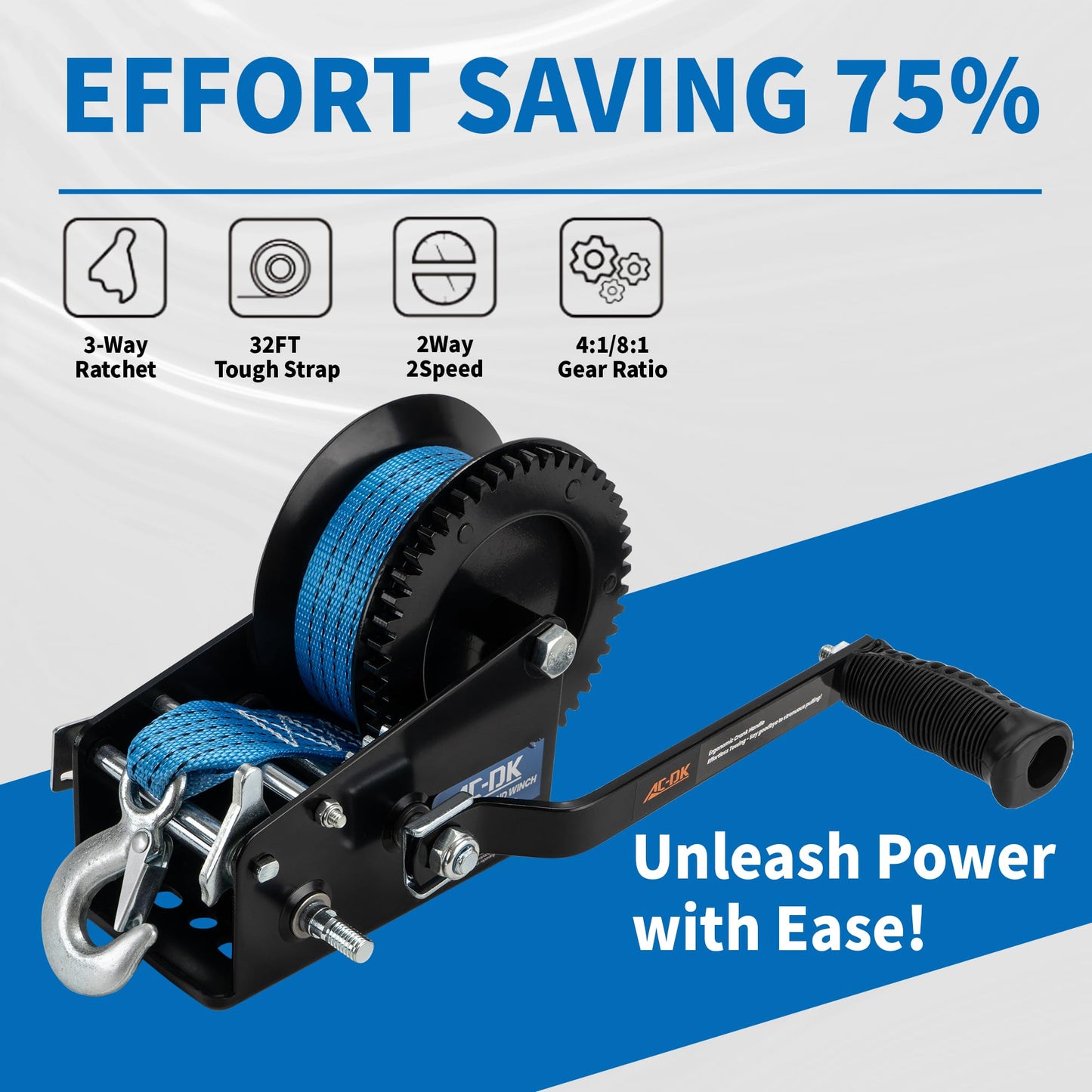 AC-DK 3500lbs Heavy Duty Boat Trailer Winch with 32FT Strap，2-Way Ratchet 4:1/8:1 Gear Trailer Winch，Portable Hand Crank Winch for Boat, Truck, Trailer, RV, ATV, Jet Ski