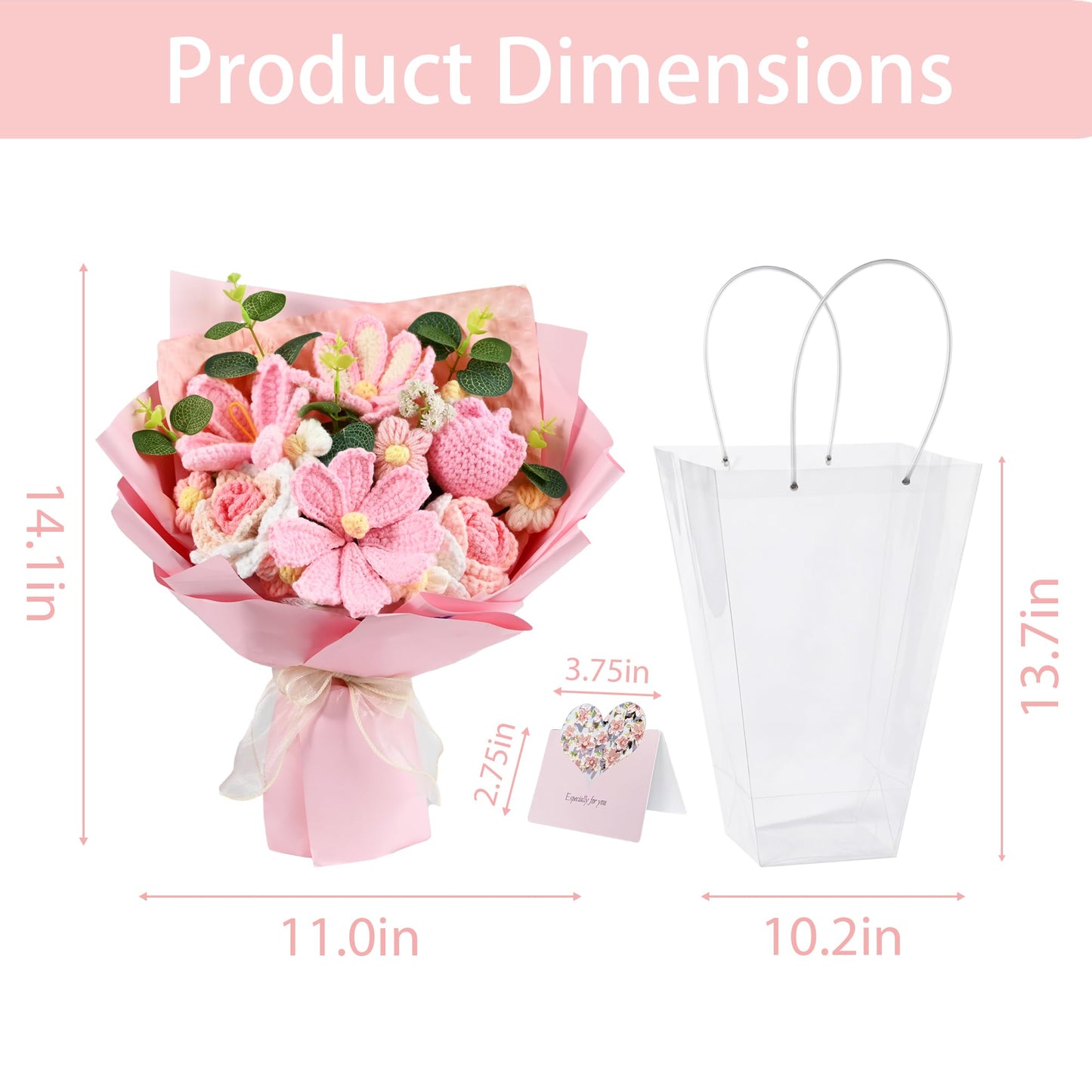 Plukers 18Pcs Handmade Crochet Flower Bouquet Knitted Yarn Flowers with Bag & Card, Artificial Rose Daisy, Birthday for Mom from Daughter and Husband Pink
