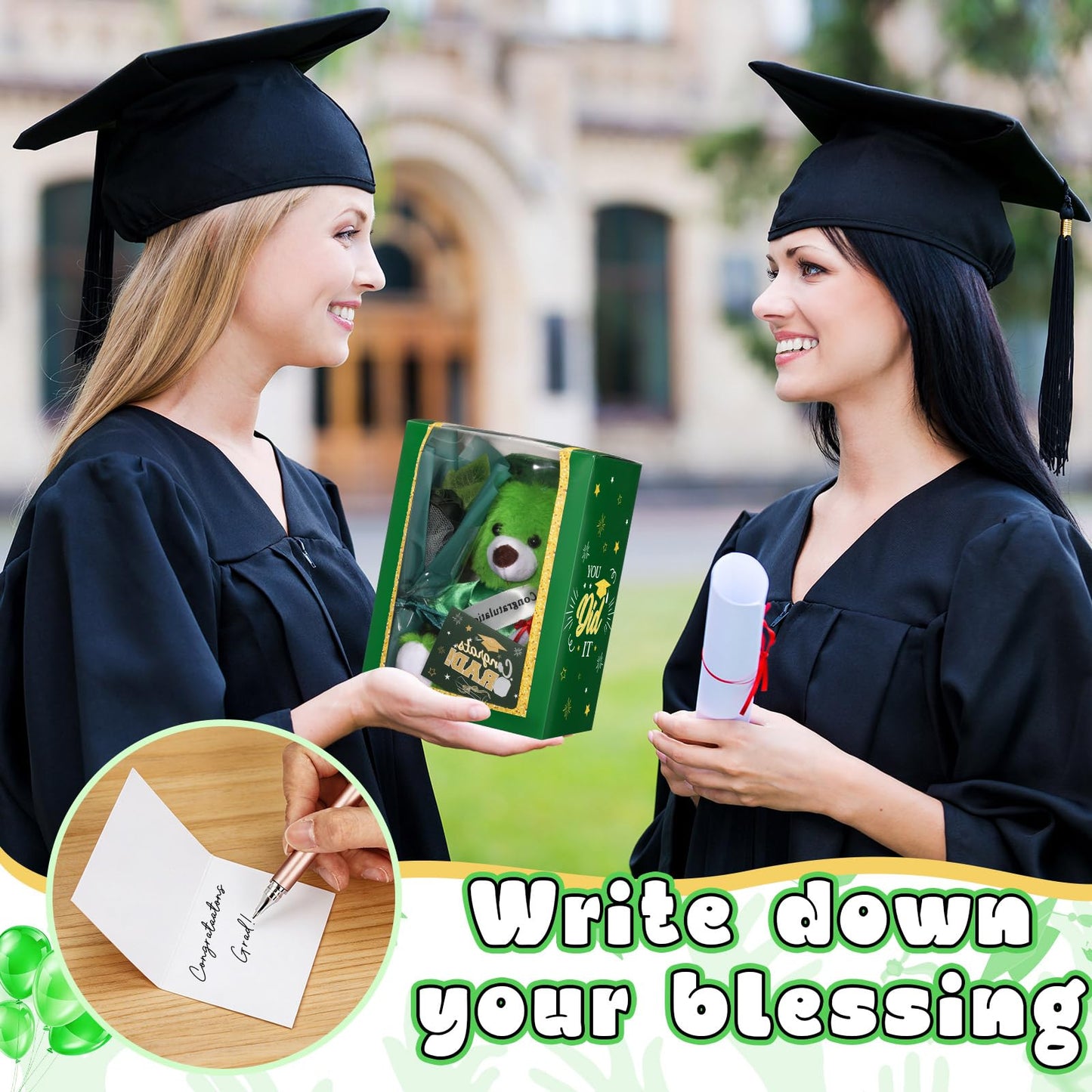 Hollowfly Graduation Bear Gifts Set Include Graduation Bear of 2026 Stuffed Animal with Cap and Gown, Artificial Flower, Graduate Gift Box with Window and Greeting Card for Him or Her(Green)