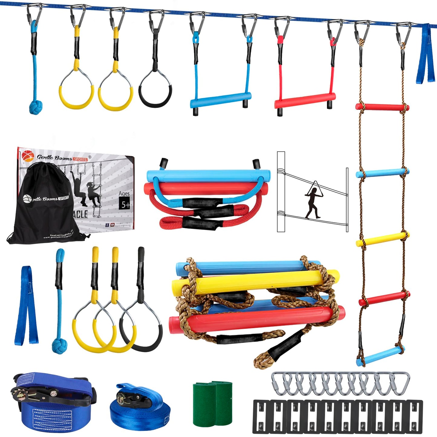Gentle Booms Sports Ninja Warrior Obstacle Course for Kids, 2×56ft Ninja Line Kit with 8 Slackline Accessories - Monkey Bar, Rope Ladder, Gymnastic Ring, Arm Trainer and Monkey Fist