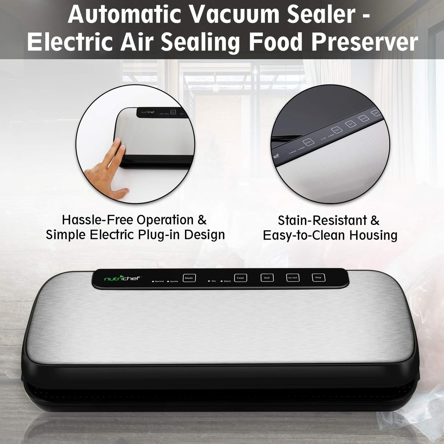 NutriChef Stainless Steel Vacuum Sealer For Food - High-Power Machine with Adjustable Suction, Dry & Moist Modes, LED Lights, Bags, Wine Stopper & Hose, Easy Plug-in Design, Lab-Tested Food Storage