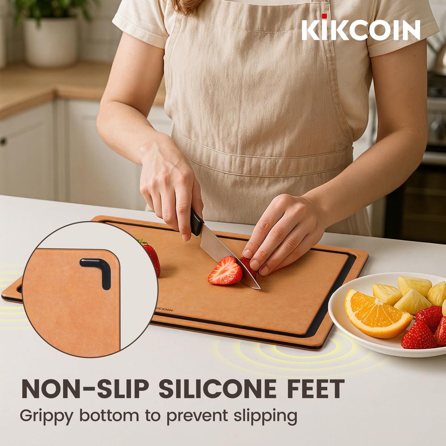 Kikcoin Wood Cutting Board Set of 3, Cutting Boards for Kitchen with Holder Dishwasher Safe Non-slip Chopping Board with Juice Groove, Wood Fiber Composite Cutting Boards
