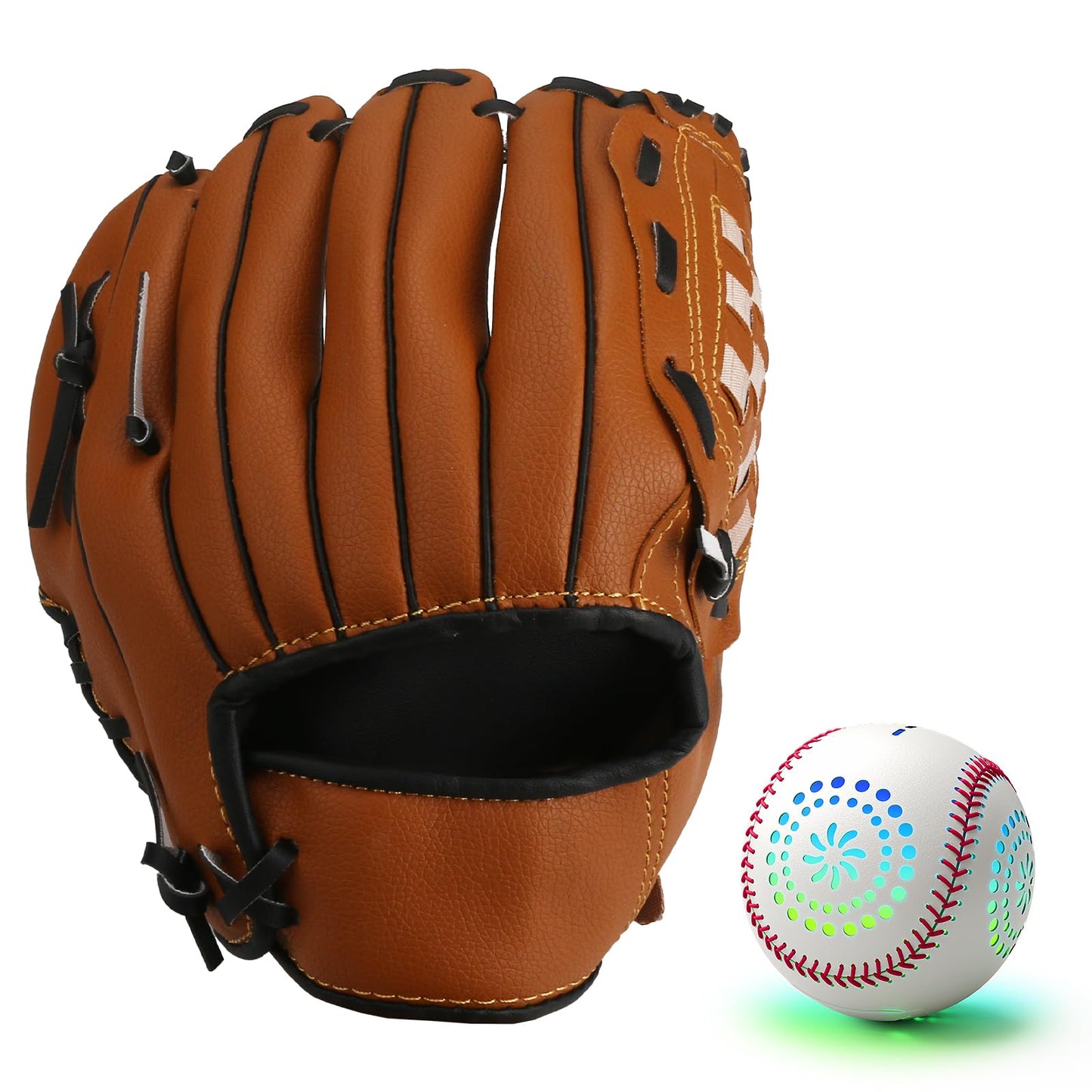 HYES Kids Baseball Glove with Light Up Baseball/LED Rechargeable, 9 Lighting Modes Official Size Leather Weighted Glow Baseballs for Day Night, Sport Toys Games Gifts for Youth Boys