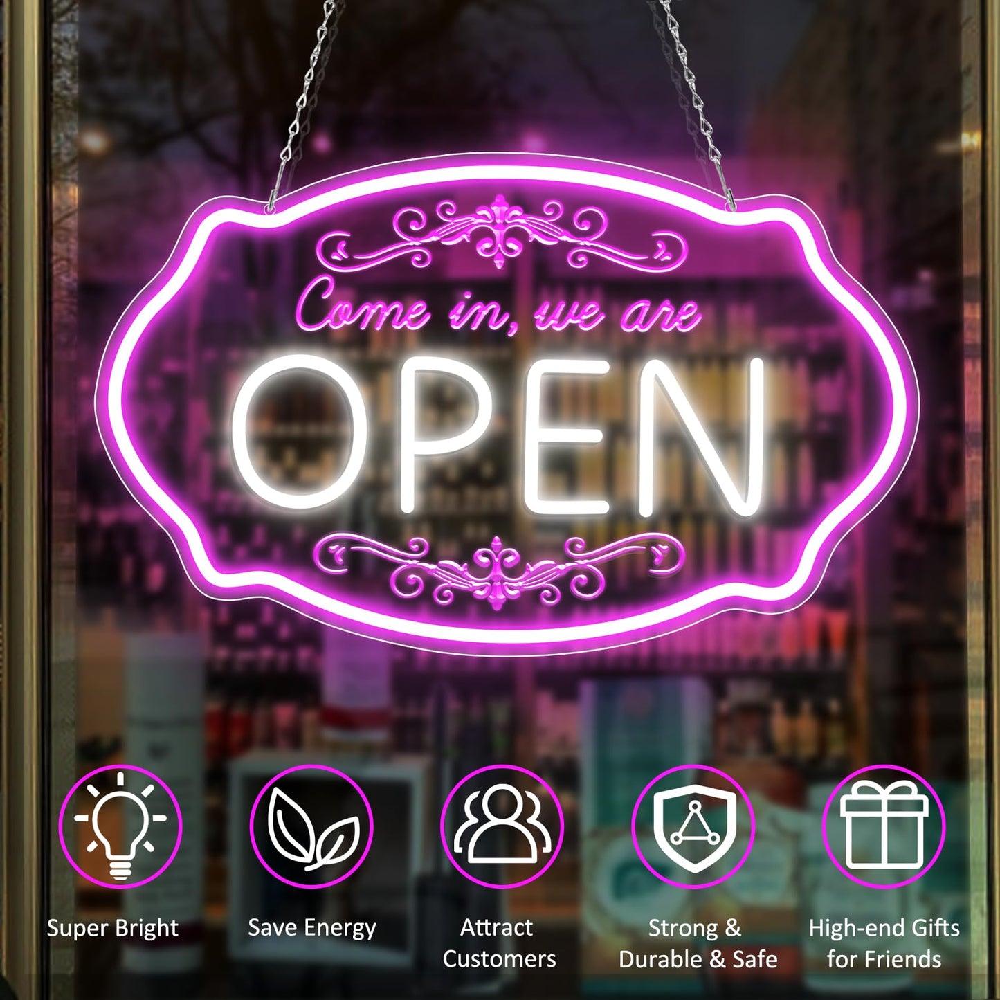 LED Neon Open Sign for Business, 16.5x10'' Come in We’re Open Sign, Pink&White Adjustable Brightness Neon Lights for Party, Bar, Salon, Stores, Hotel, Wall Decor, Clubs, Hotels