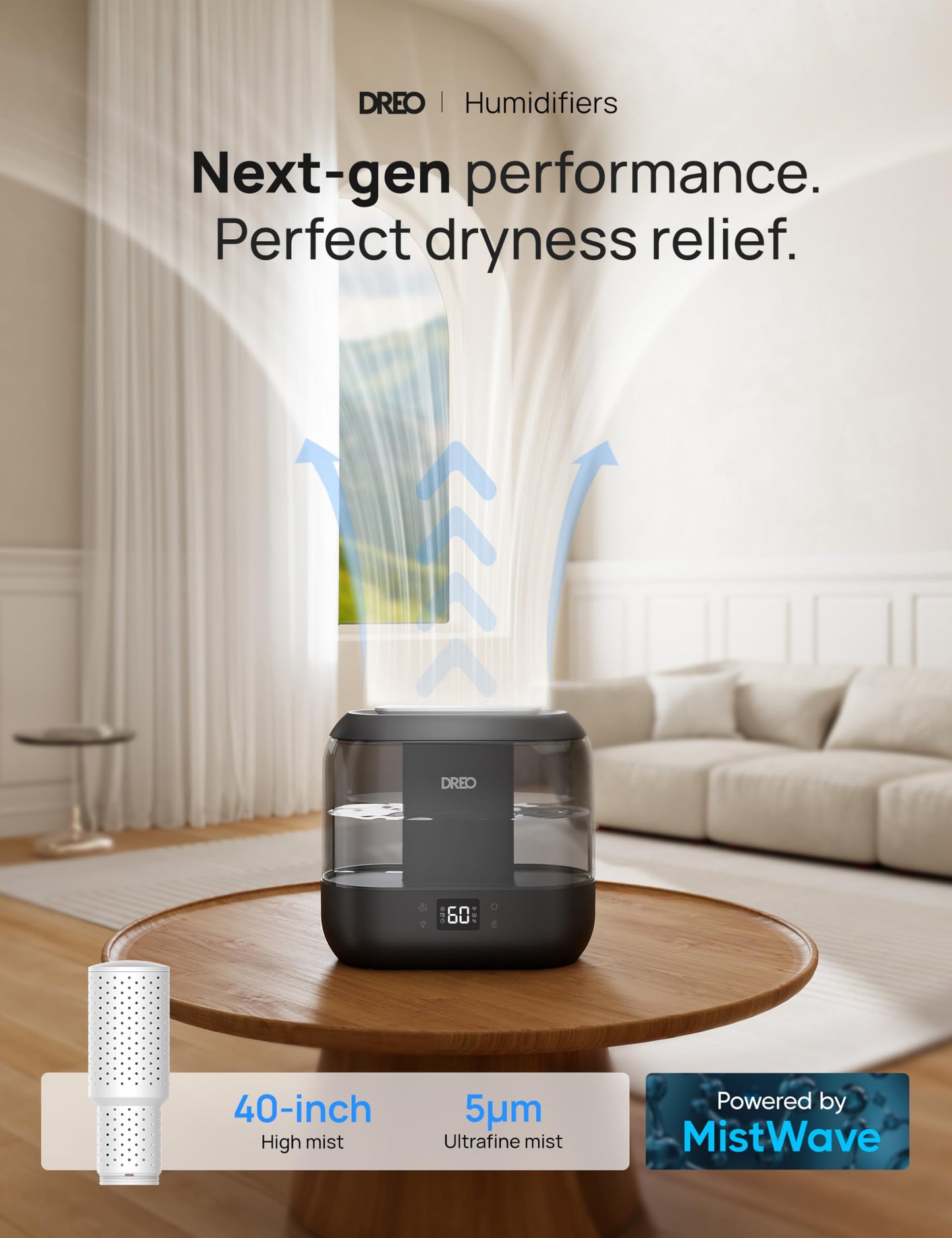 Dreo Humidifiers for Bedroom, Top Fill 4L Smart Cool Mist Humidifier with Oil Diffuser, Cartridge, Nightlight, 32H Runtime, Quiet Ultrasonic Humidifiers for Home, Baby Nursery, Plants, Office, HM311S
