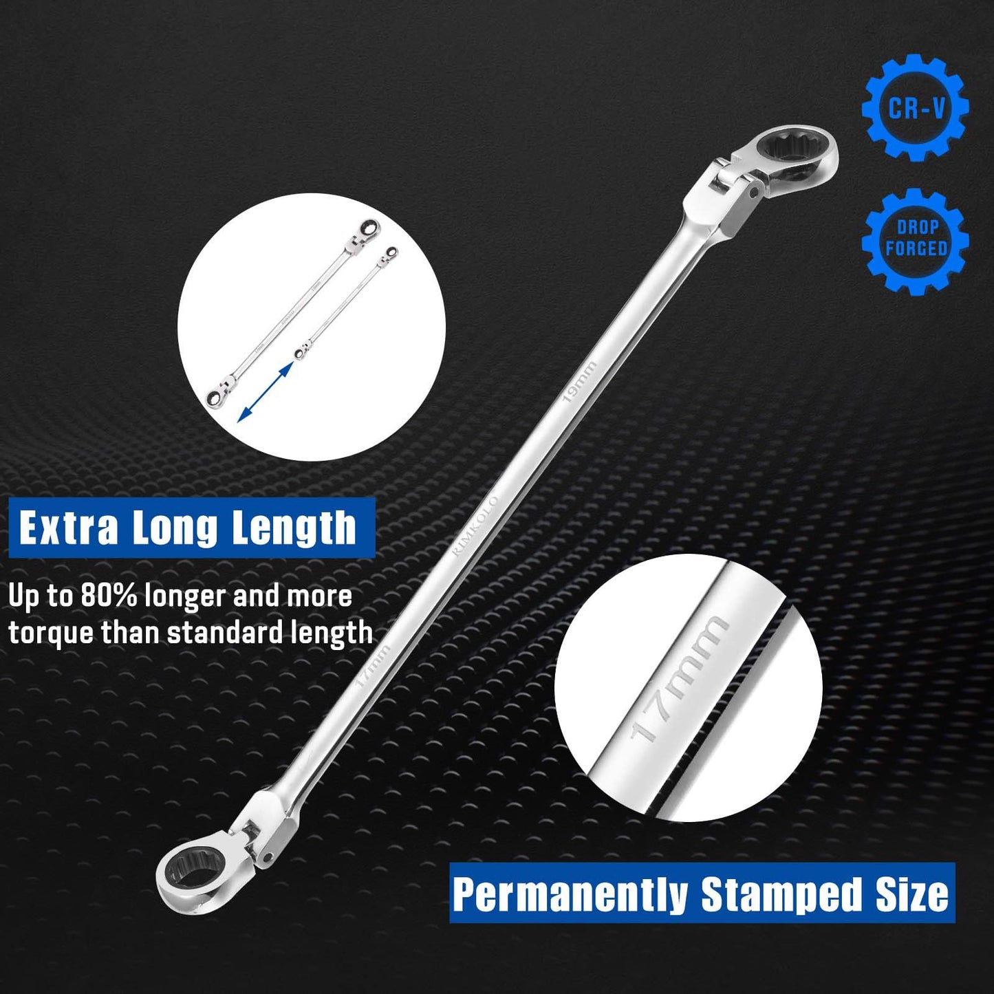 RIMKOLO 6-Piece Extra Long Flex-Head Ratcheting Wrench Set, 72-Tooth Double Box End Wrench Set, CR-V Steel ratcheting wrenches with Metric 8mm - 19mm
