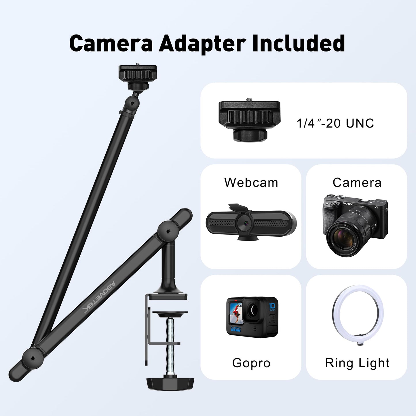 AboveTEK Tablet Stand Holder for Desk & Bed, Aluminum iPad Holder Arm with 360° Rotating Clamp, Adjustable Phone Stand Compatible with 4.7"-13.5" iPad Pro/Air/Mini, iPhone, Galaxy Tab- Black