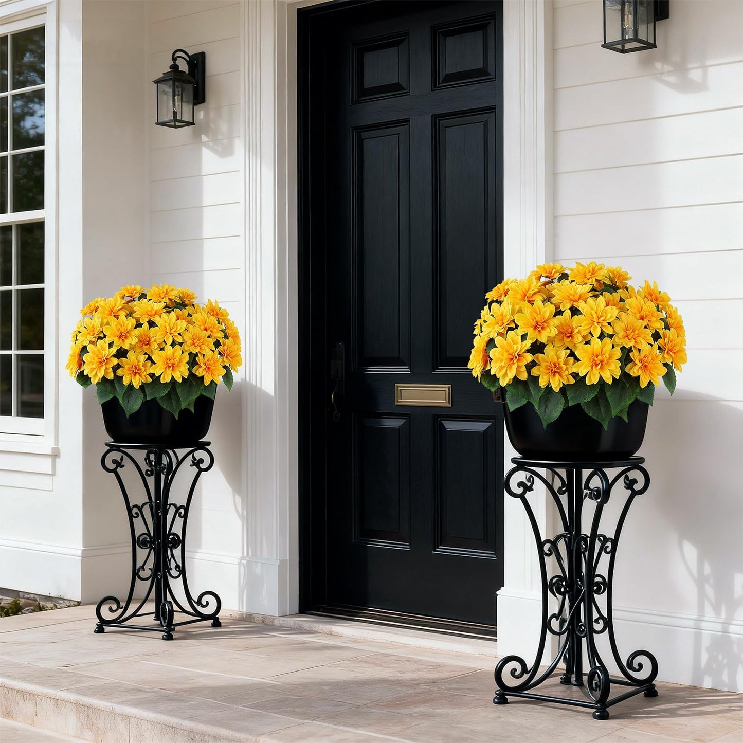 2 Set of Artificial Dahlia Topiary Ball Trees - Fake Silk Dahlia Flower Bushes, UV Resistant Faux Floral Shrub Potted for Front Door Porch Farmhouse Wedding Outdoor Decor (Yellow)