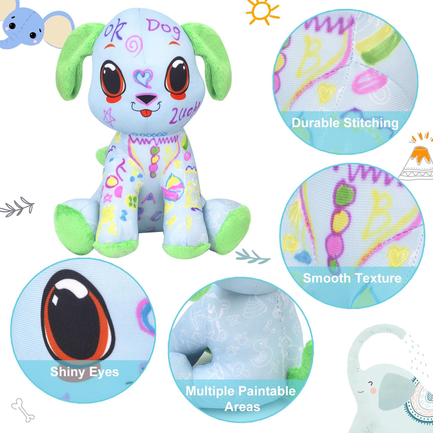 DIY Coloring Plush Toy with Washable Markers, Scribble Pets Stuffed Animal, Doodle Dolls Art Toy for Boys and Girls Ages 3-8, Birthday Gift (Green Puppy)