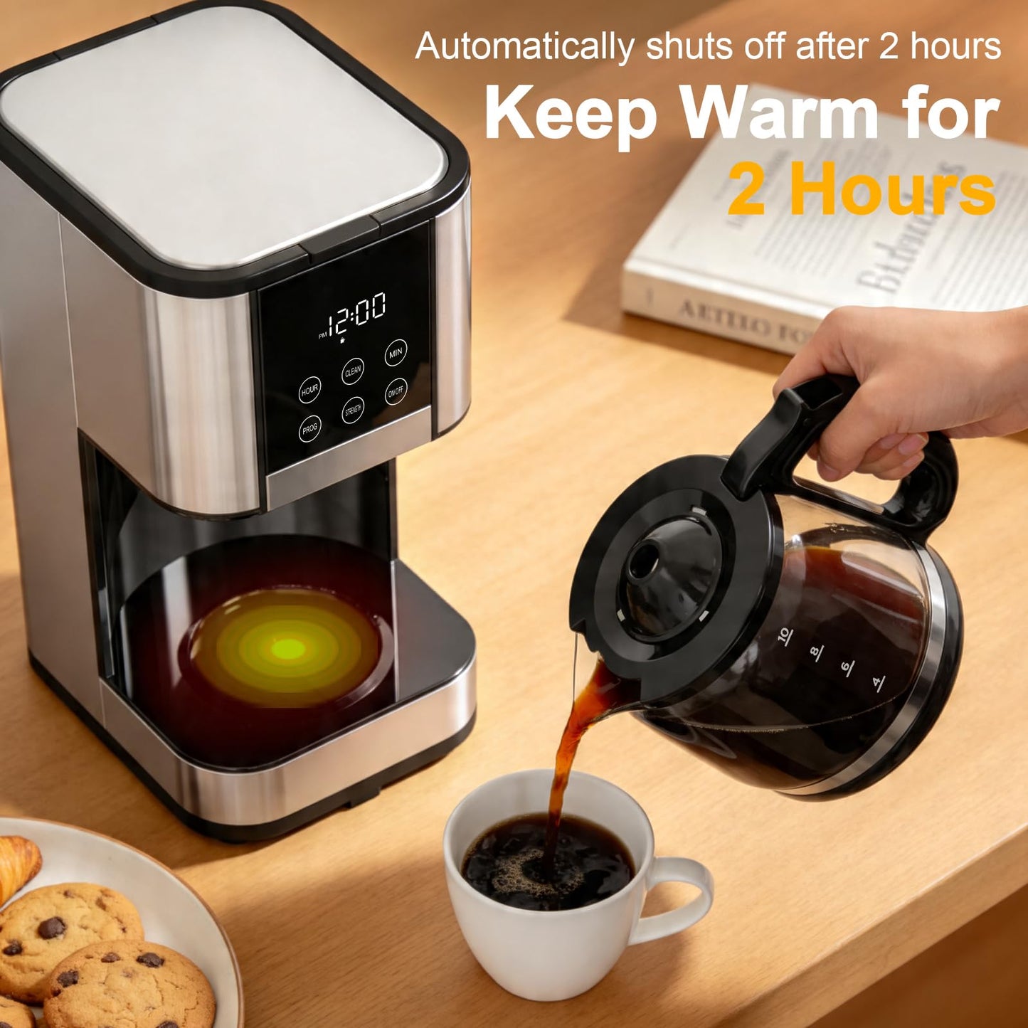 10 Cup Programmable Drip Coffee Maker, Adjustable Brew Strength, Pause & Serve, Heat Resistant Glass Carafe, Permanent Filter, Auto Shut Off, Stainless Steel, Compact Coffee Machine for Home Office