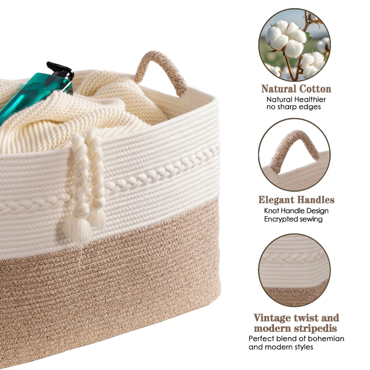 Extra large laundry basket woven from natural cotton rope with handles storage blankets for living rome big decorative quilted baskets for clothes toys pillows hamper 24"x16"x14" white/brown