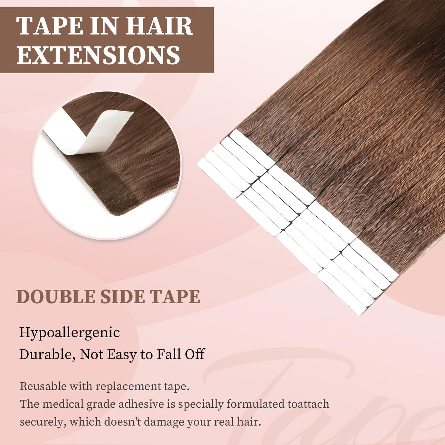 DNE Tape in Hair Extensions Real Human Hair 18 inches 20Pcs/50g/Pack Seamless #4 Medium Brown Dark Color Straight Invisible Double Sided Tape in Hair Extensions for Women/Girls Can Be Curled and Dyed