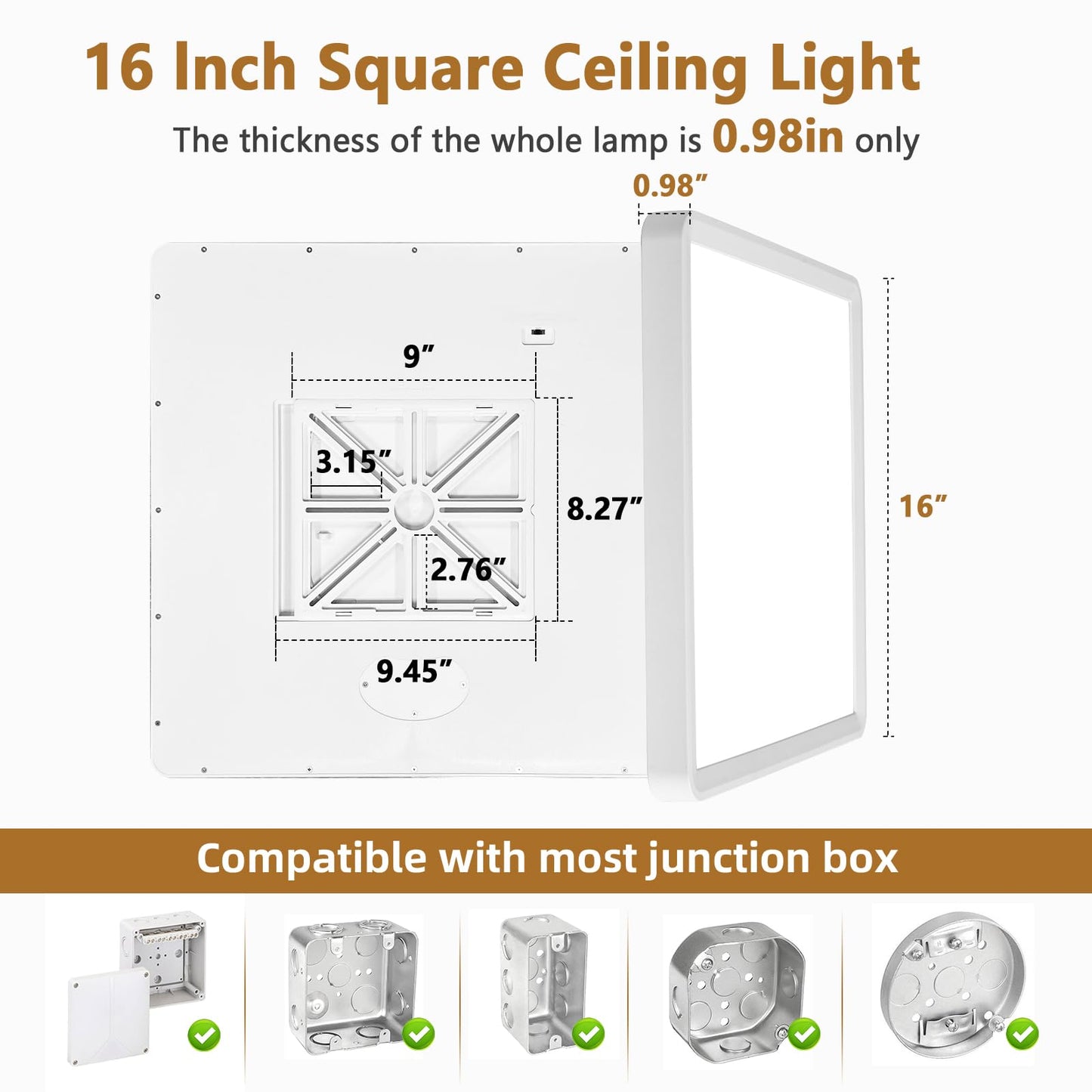 2PK 16 Inch Square LED Flush Mount Ceiling Light, 40W, 4000LM 3000K/4000K/6000K CCT Selectable, White Square LED Flat Panel Ceiling Light Fixture for Bedroom,Kitchen,Living Room